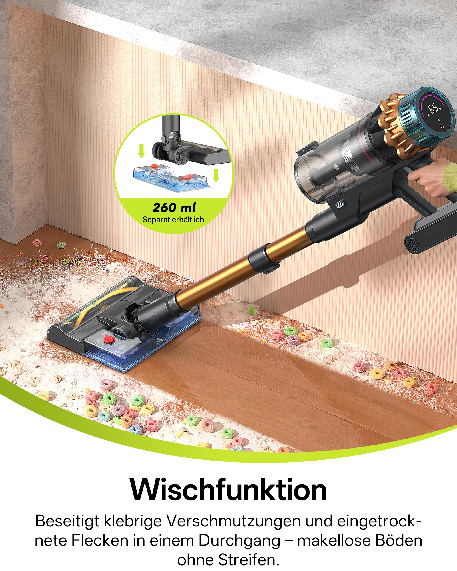 Ein kabelloser Staubsauger mit Wischfunktion reinigt Holzböden mit verschütteten Cerealien.