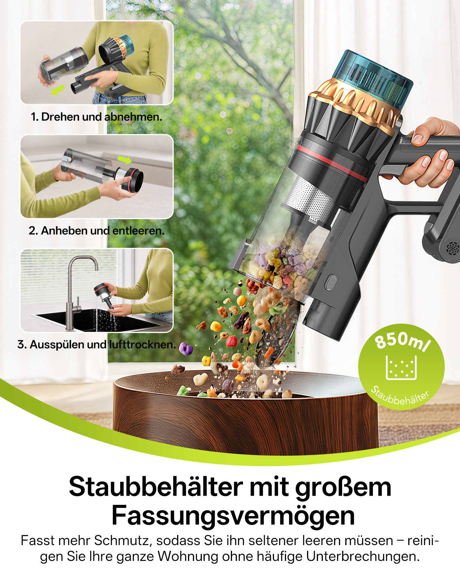 Vier Schritte zeigen die Entleerung und Reinigung des Staubsbehälters eines kabellosen Staubsaugers.