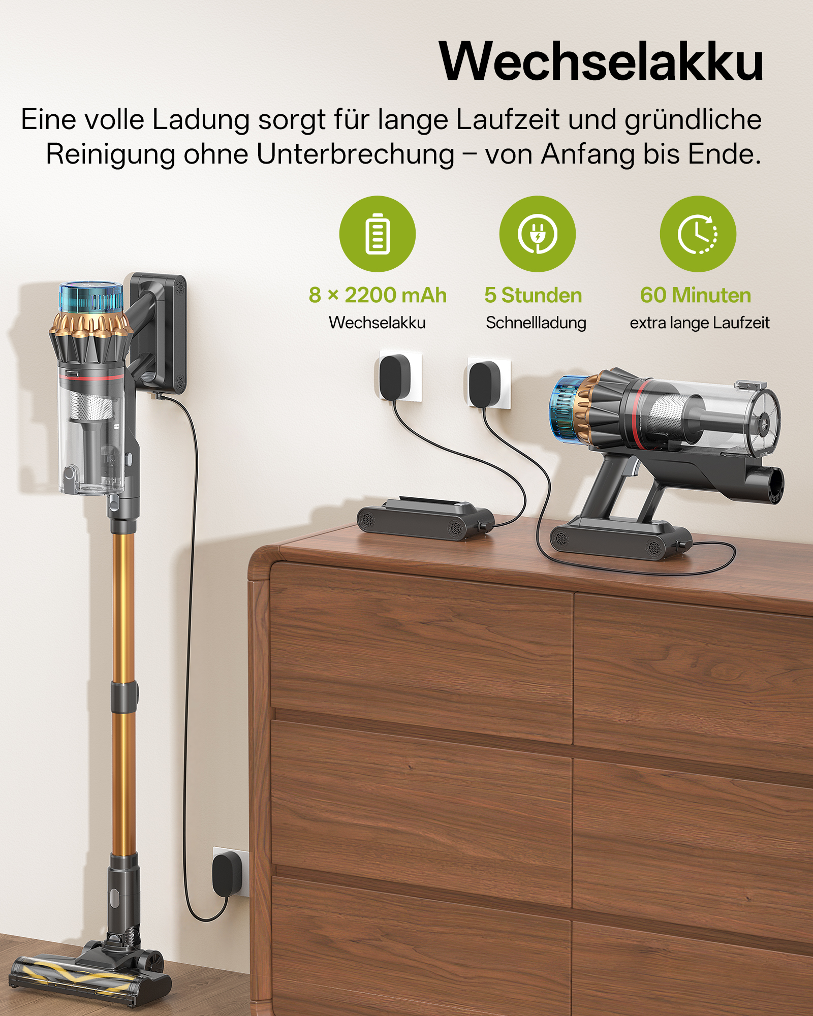 Kabelloser Staubsauger an der Wand und auf einer Kommode mit Text und Symbolen für den Akku.