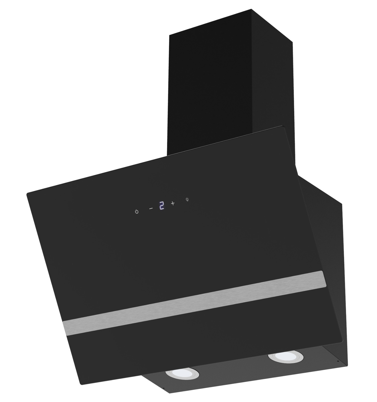 Moderne schwarze Dunstabzugshaube mit Edelstahlelementen und digitaler Anzeige.