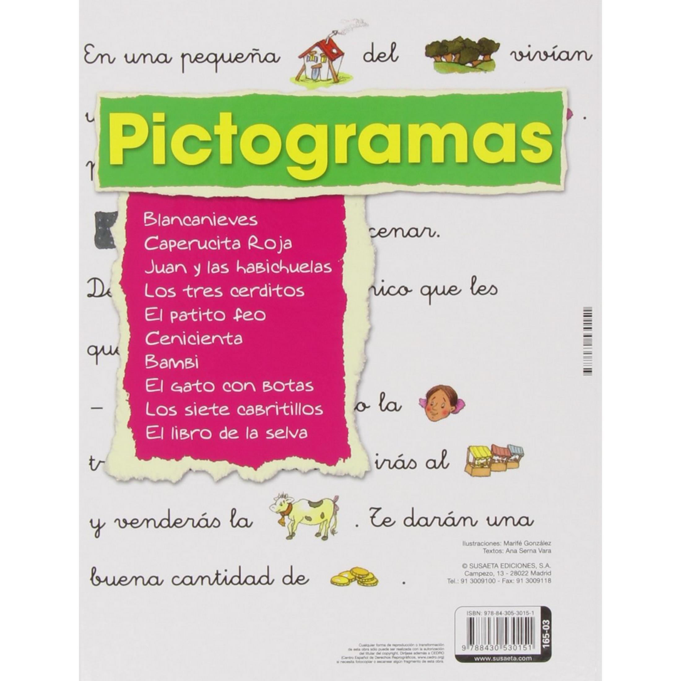 Portada de libro con la palabra Pictogramas en verde y una lista de cuentos en rosa.