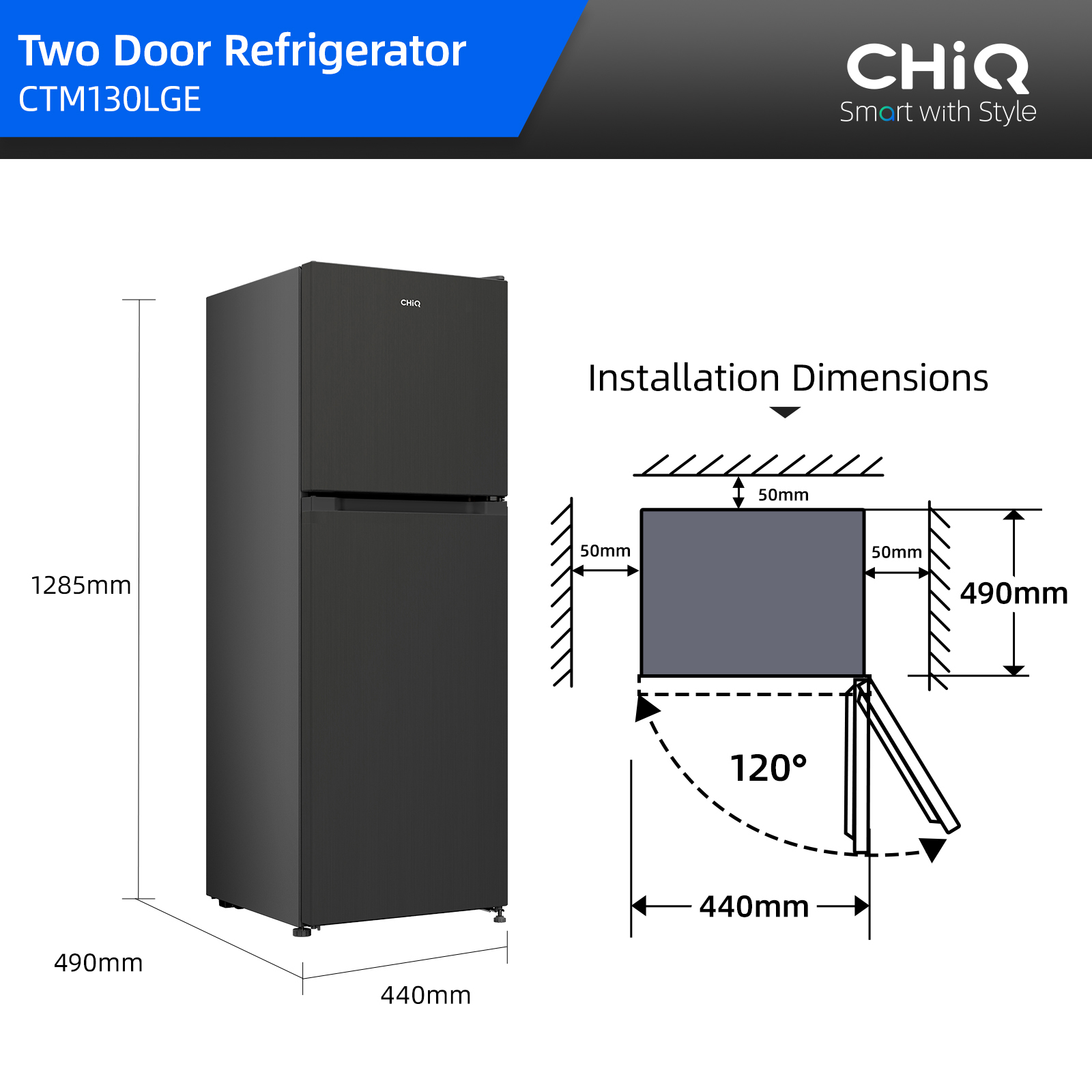 Technisches Diagramm mit Abmessungen und Installationsmaßen für einen CHiQ-Zweitür-Kühlschrank.