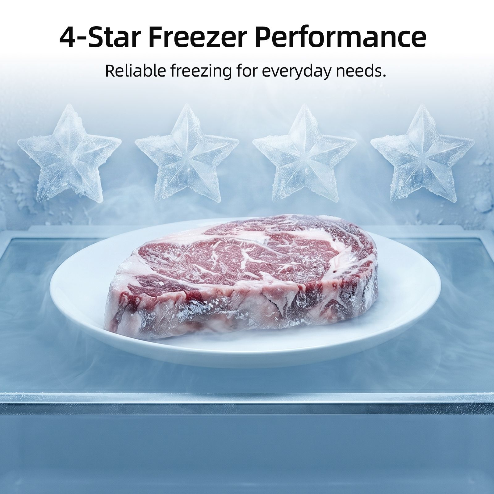 Ein gefrorenes Steak auf einem weißen Teller im Gefrierschrank mit vier frostigen Sternen.