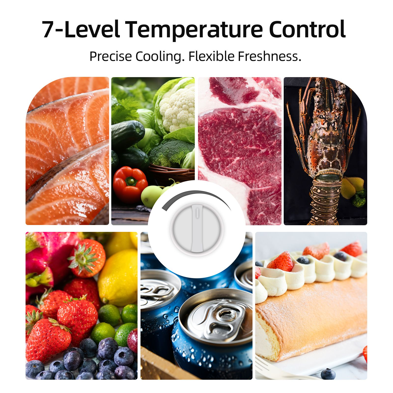 Eine Grafik zeigt sieben Stufen Temperaturregelung mit frischen Lebensmitteln wie Lachs, Gemüse, Fleisch und Kuchen.
