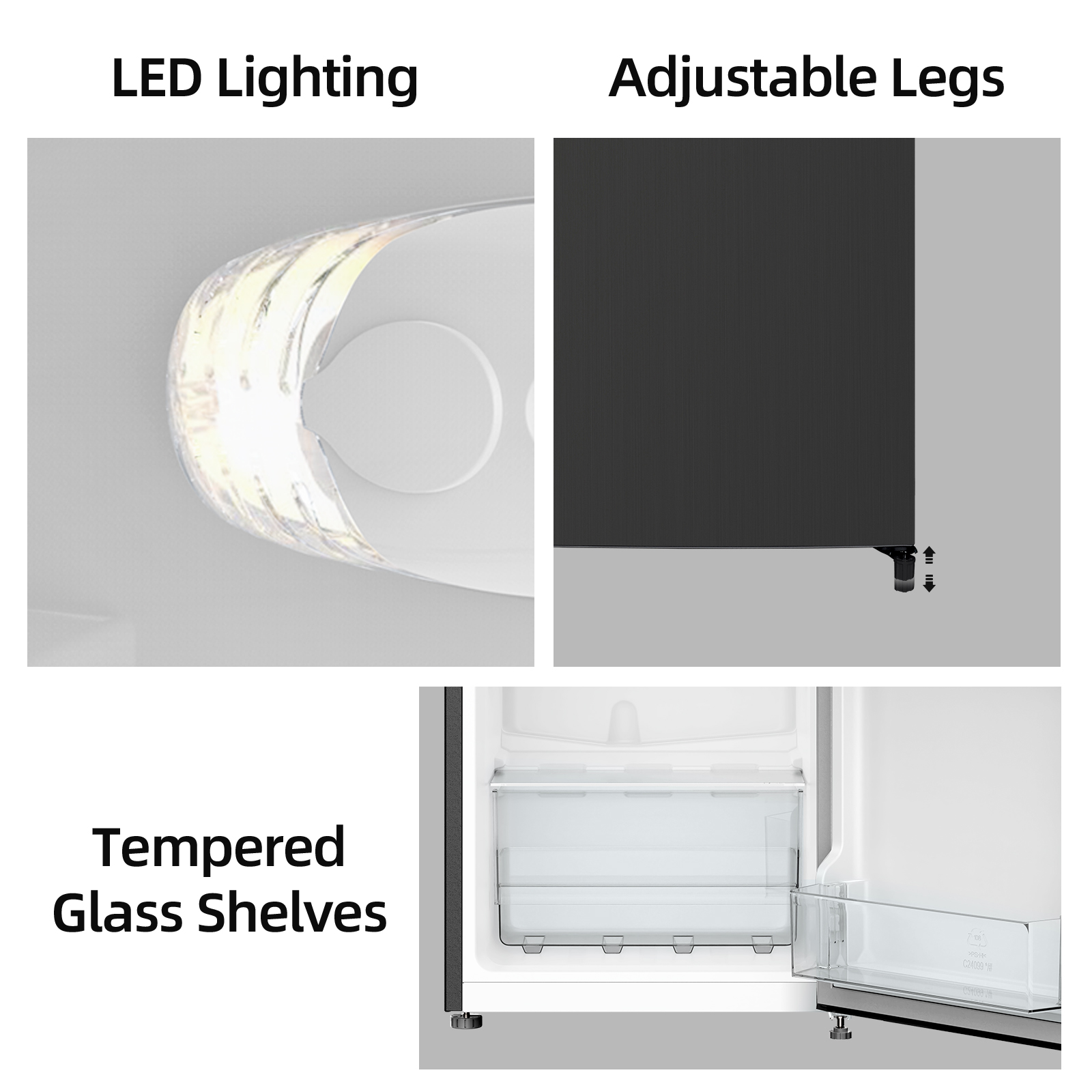 Produktmerkmale eines Kühlschranks: LED-Beleuchtung, verstellbare Beine und Ablagen aus gehärtetem Glas.