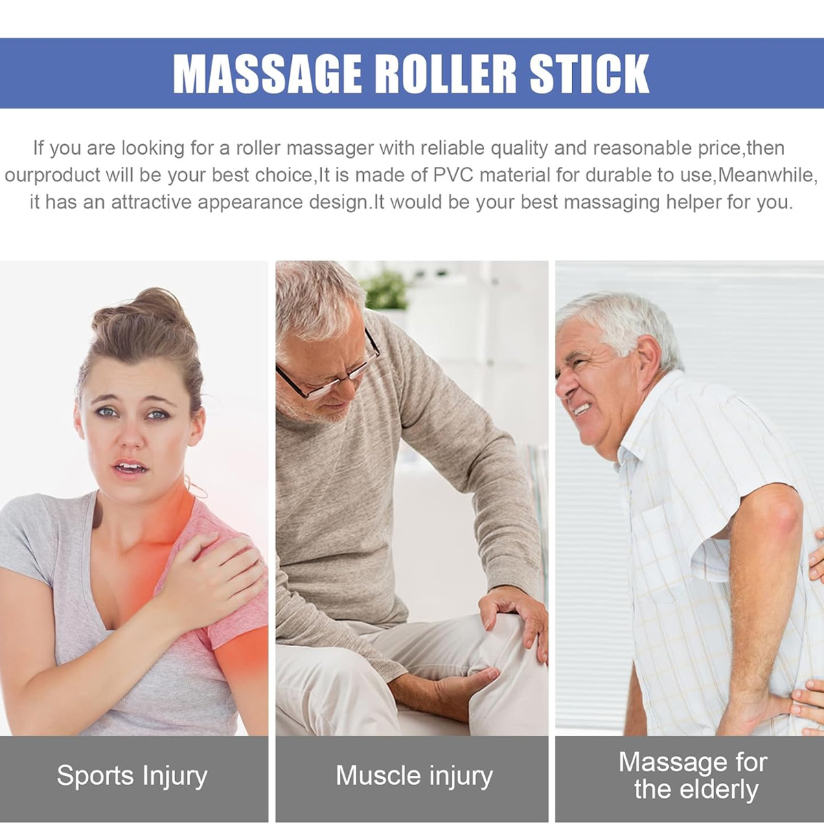 Eine Anzeige für einen Massage-Rollerstab zeigt drei Personen mit Schulter-, Knie- und Rückenschmerzen.