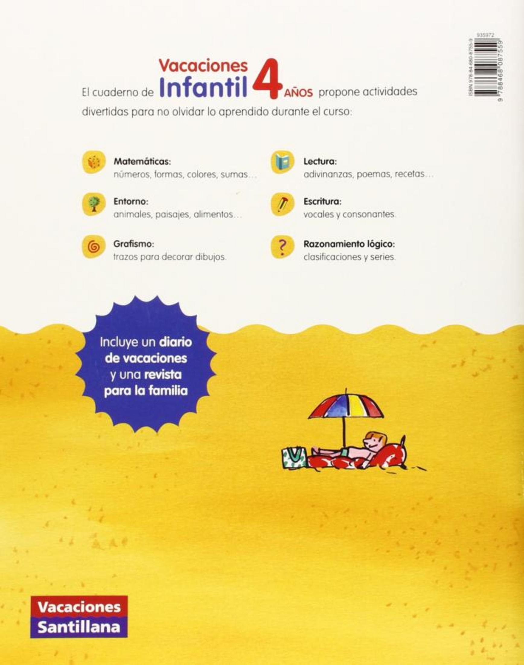 Contraportada de un colorido cuaderno preescolar español con asignaturas y una ilustración.