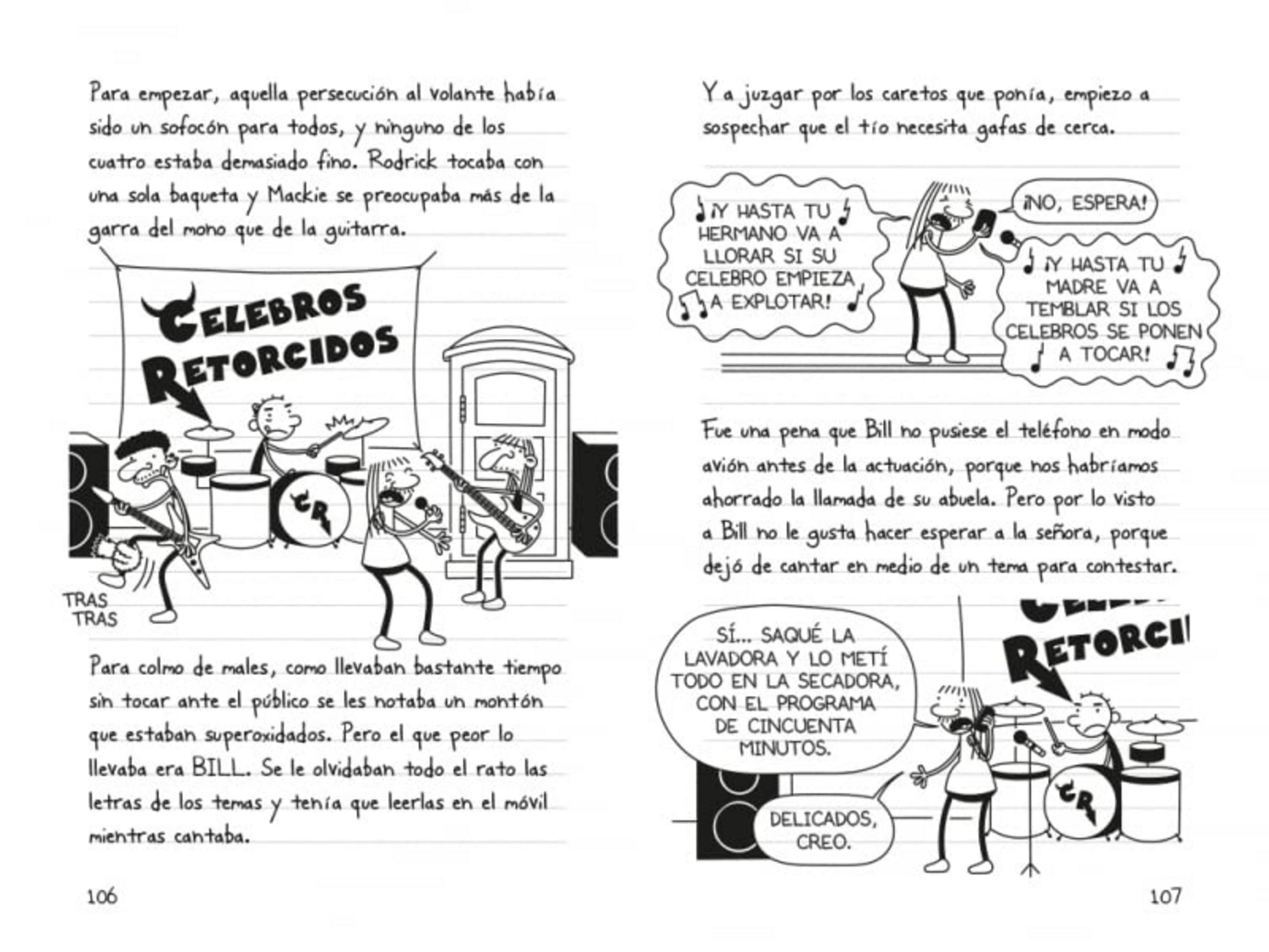 Página de cómic con ilustraciones dibujadas a mano, bocadillos de diálogo y una banda tocando música en un escenario.