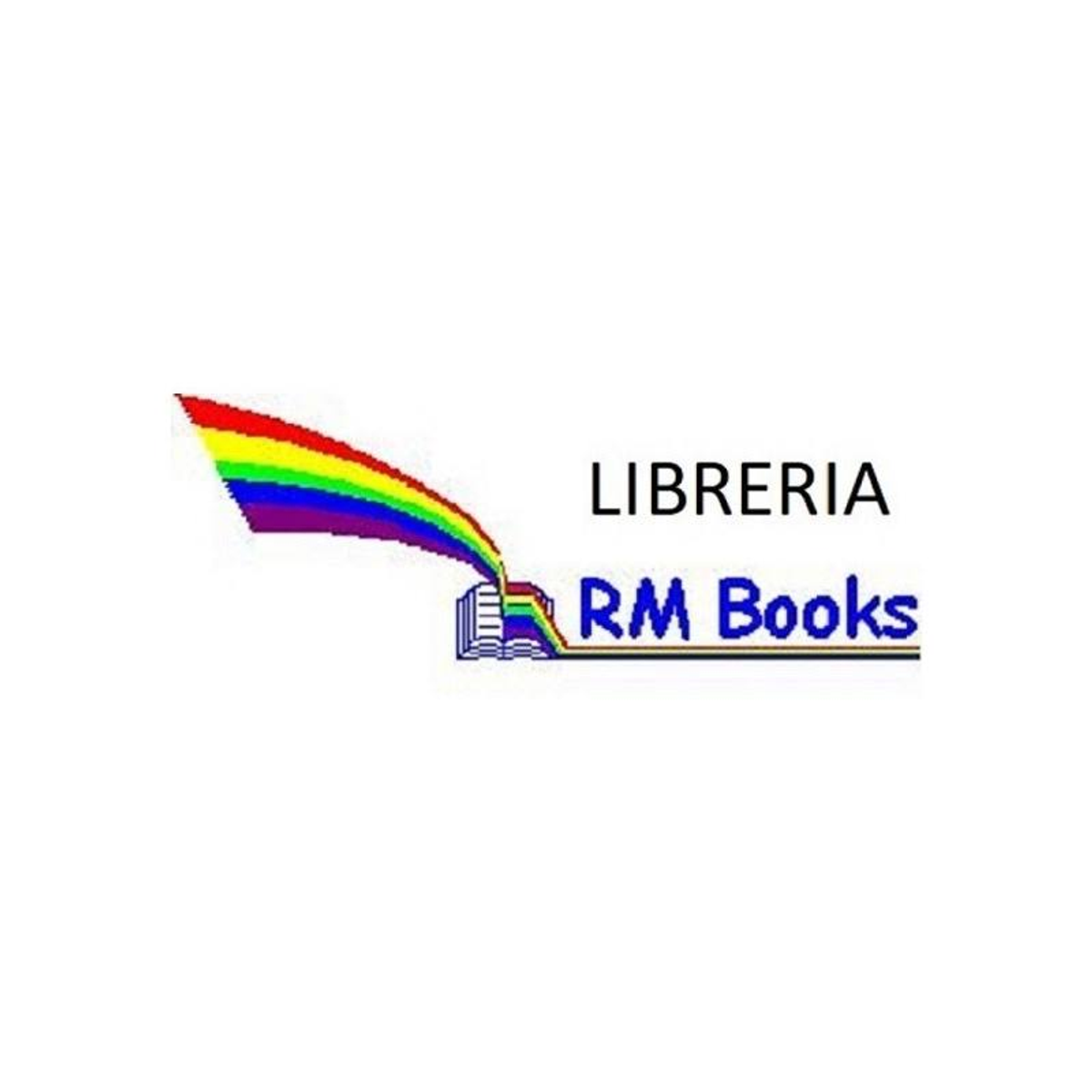 Logo con chorro de arco iris saliendo de un libro abierto, texto LIBRERIA RM Books.