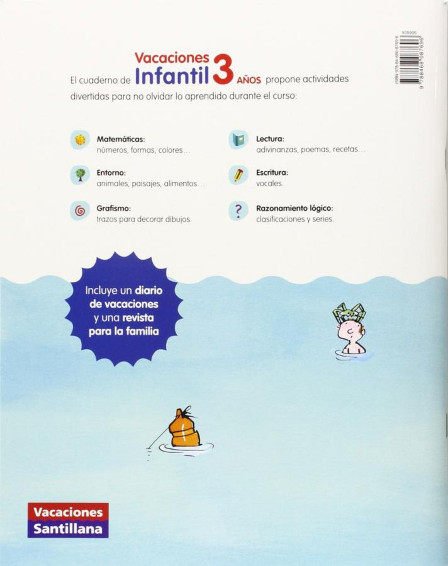 Contraportada de un cuaderno de actividades infantiles en español para tres años, con temas e ilustraciones.