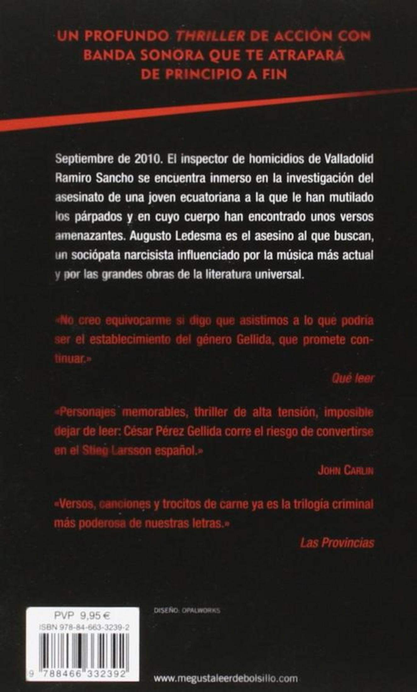Contraportada de una novela negra con sinopsis en español, reseñas, precio y código de barras en fondo negro.