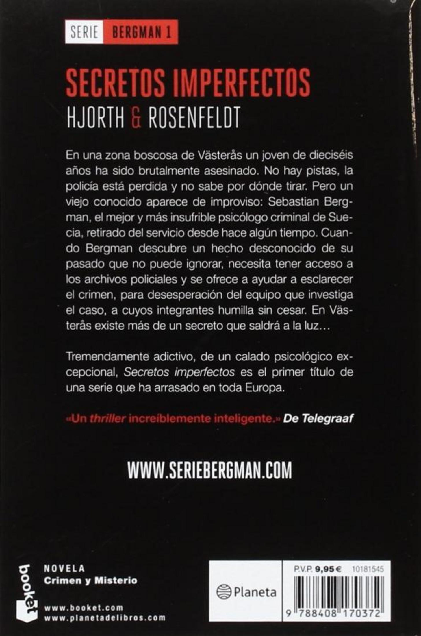 Contraportada de la novela de suspense Secretos Imperfectos con sinopsis, código de barras y logo de Planeta.