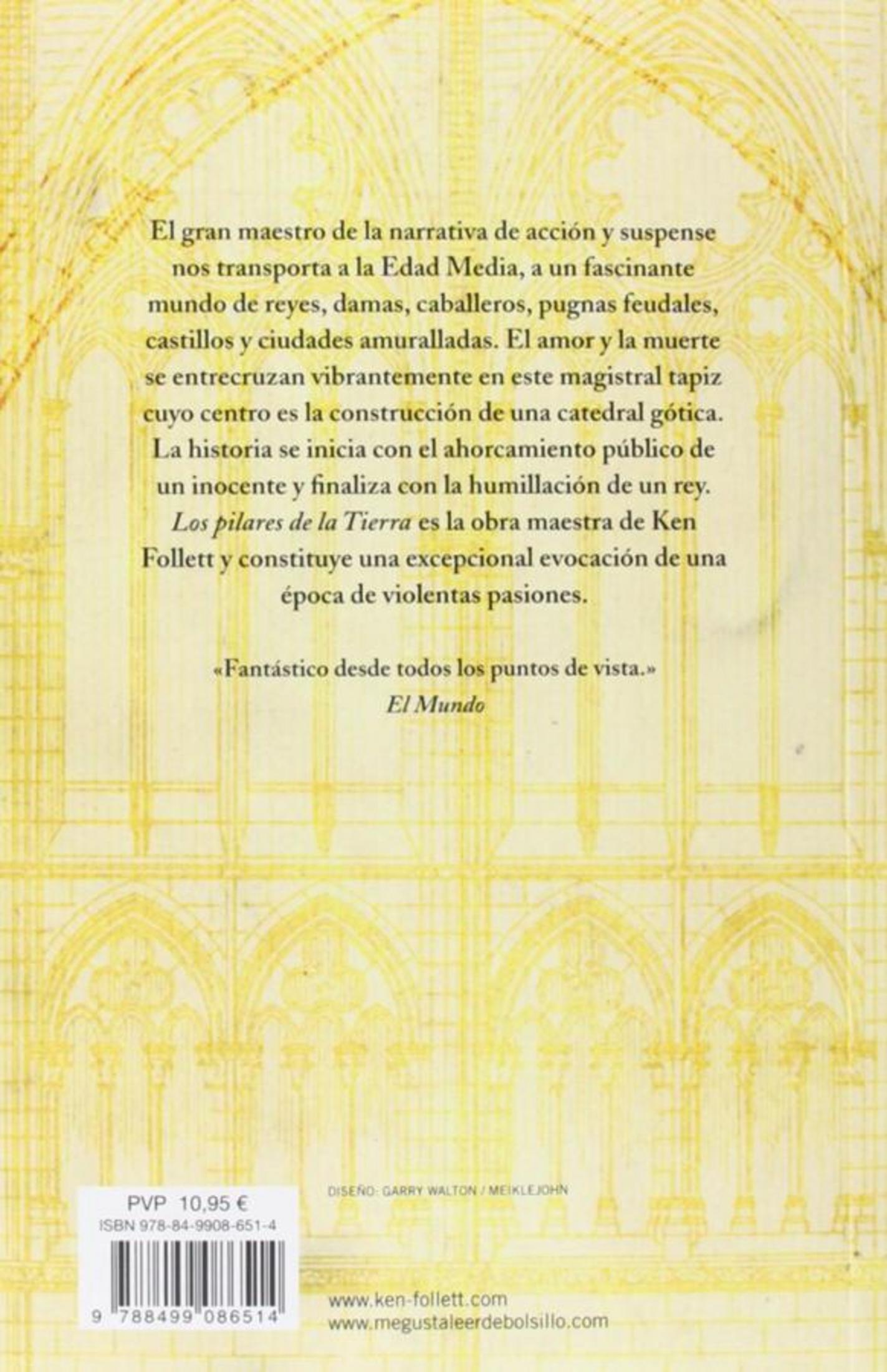 Contraportada de un libro con texto en español, un código de barras y una ilustración de catedral gótica amarilla.