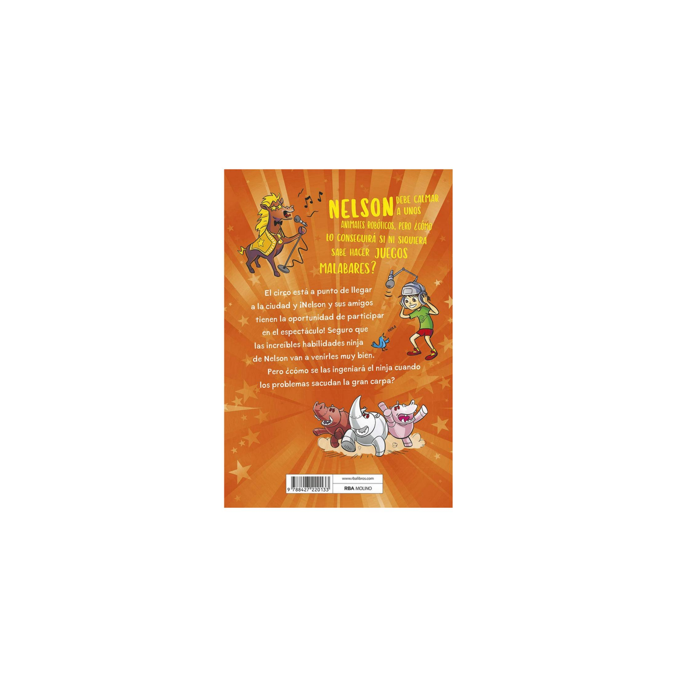 Contraportada de un libro infantil colorido con ilustraciones de animales, un caballo y texto sobre fondo naranja.
