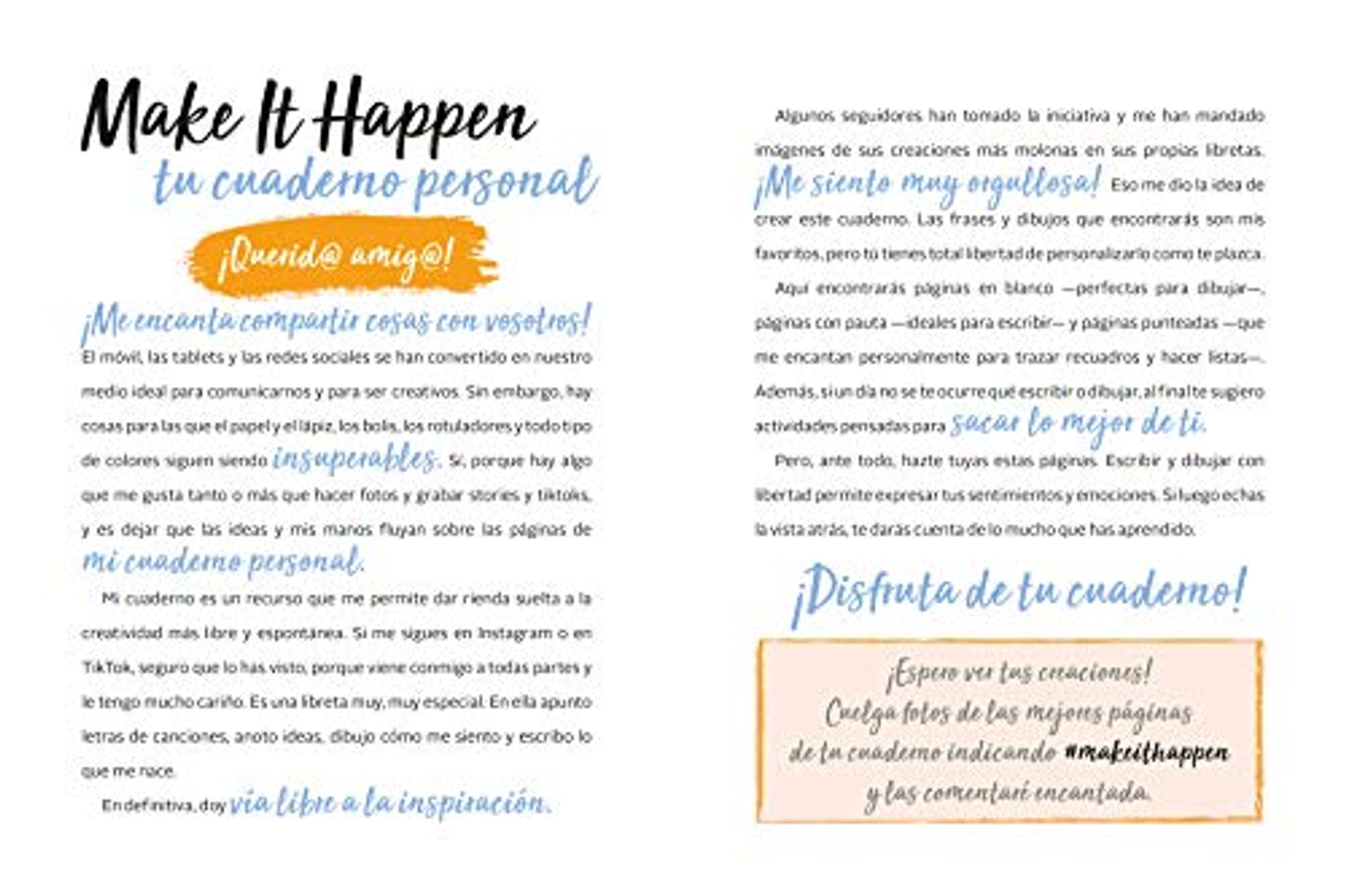 Un libro abierto con un mensaje introductorio en español, con texto manuscrito en negro y azul sobre páginas blancas.