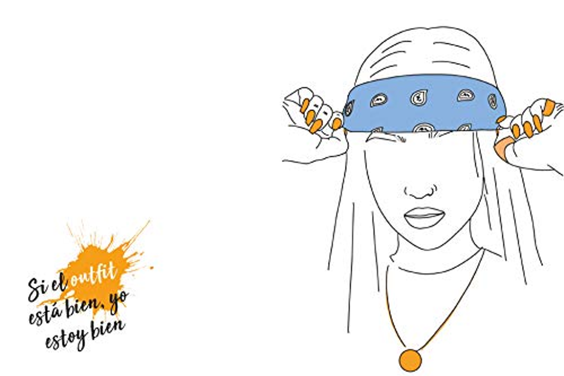 Dibujo de una mujer ajustándose una bandana azul, con texto en español abajo a la izquierda.