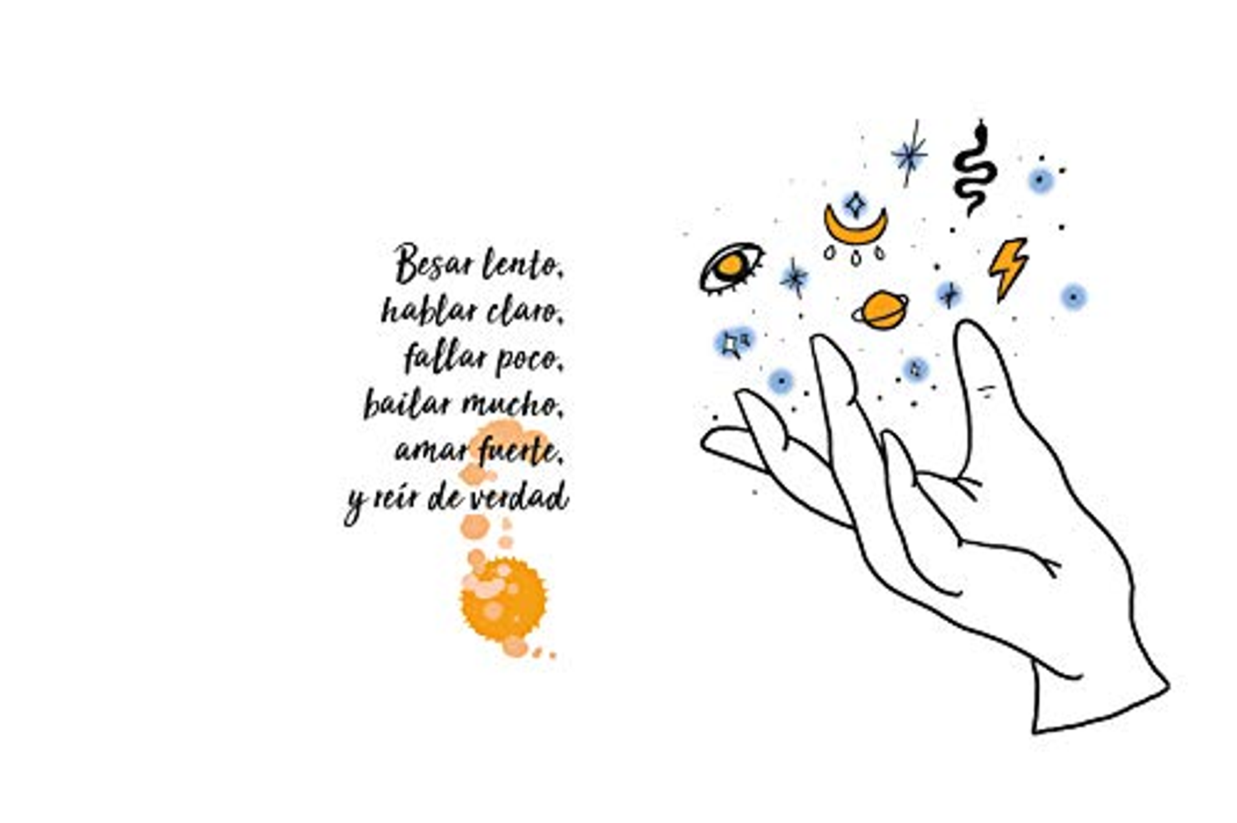 Una mano abierta ilustrada liberando símbolos celestiales, con texto en español a la izquierda sobre fondo blanco.