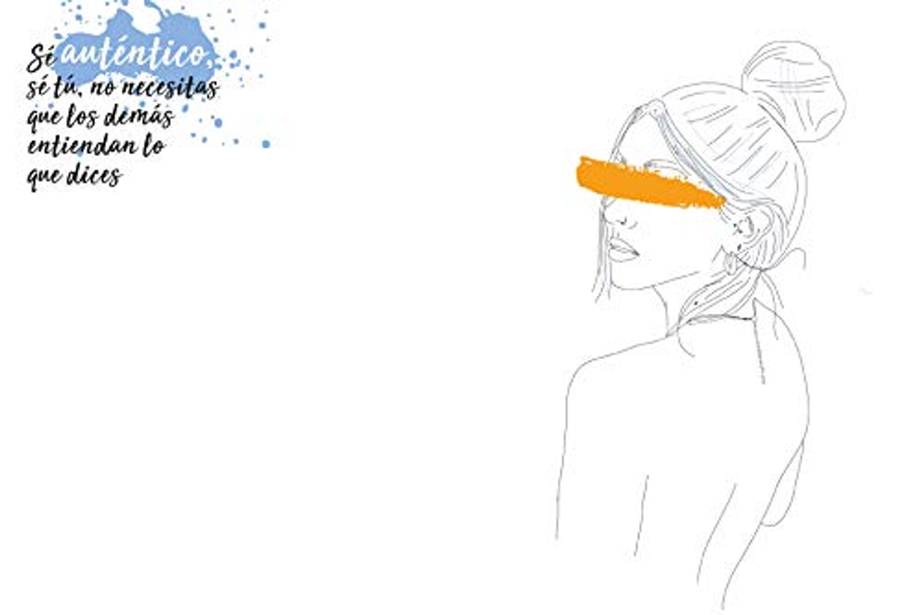 Dibujo de línea de una mujer con un trazo naranja en los ojos y texto a la izquierda.