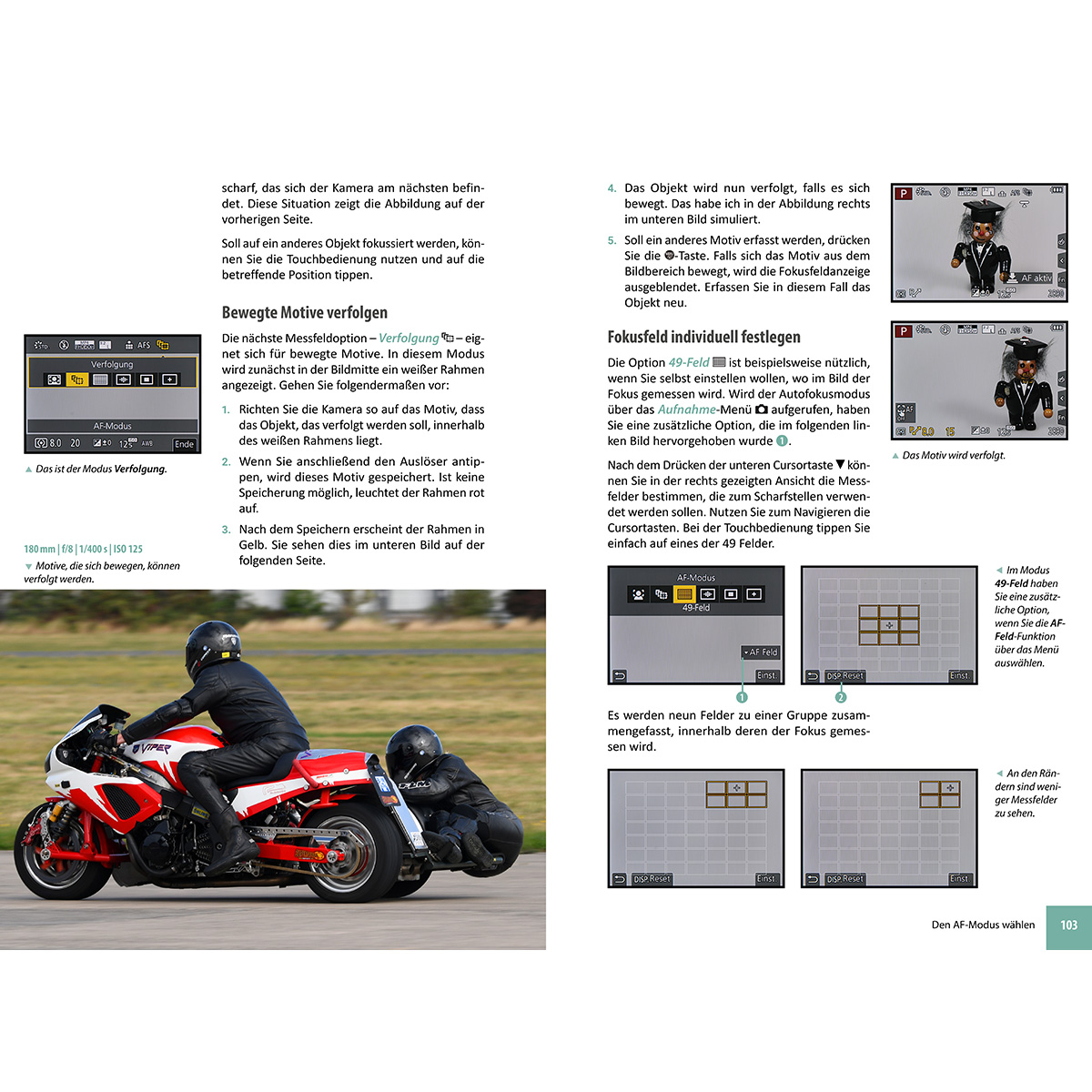 Handbuchseite mit Kameraanweisungen, Texten und Fotos von Motorrädern sowie Display-Screenshots.