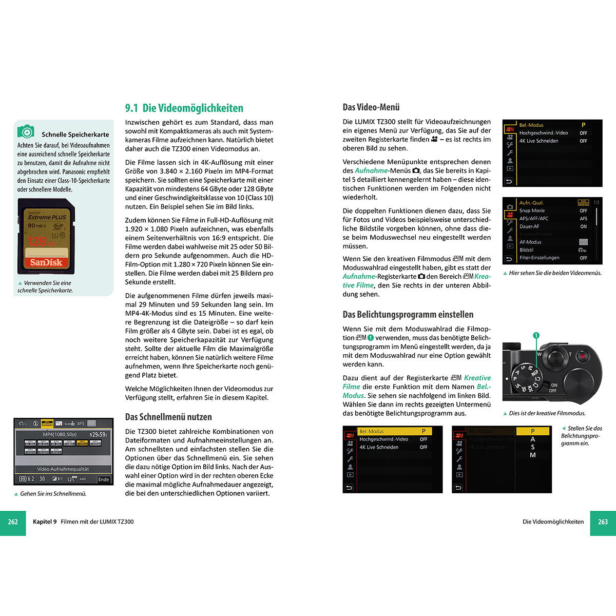 Handbuchseite mit Texten, Kameramenüs, einer SD-Karte und Kamera-Bedienknöpfen zum Thema Videomodus.