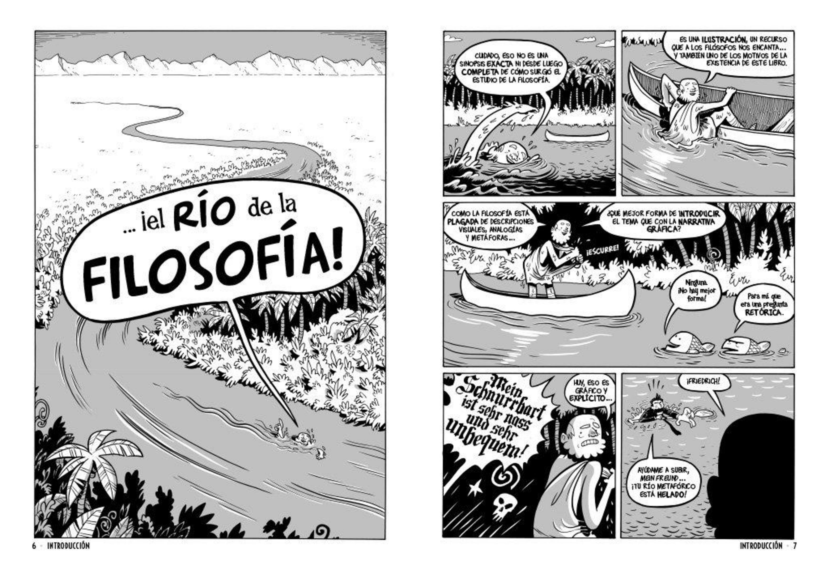 Página de cómic con una gran escena a la izquierda y paneles más pequeños a la derecha sobre el río de la filosofía.