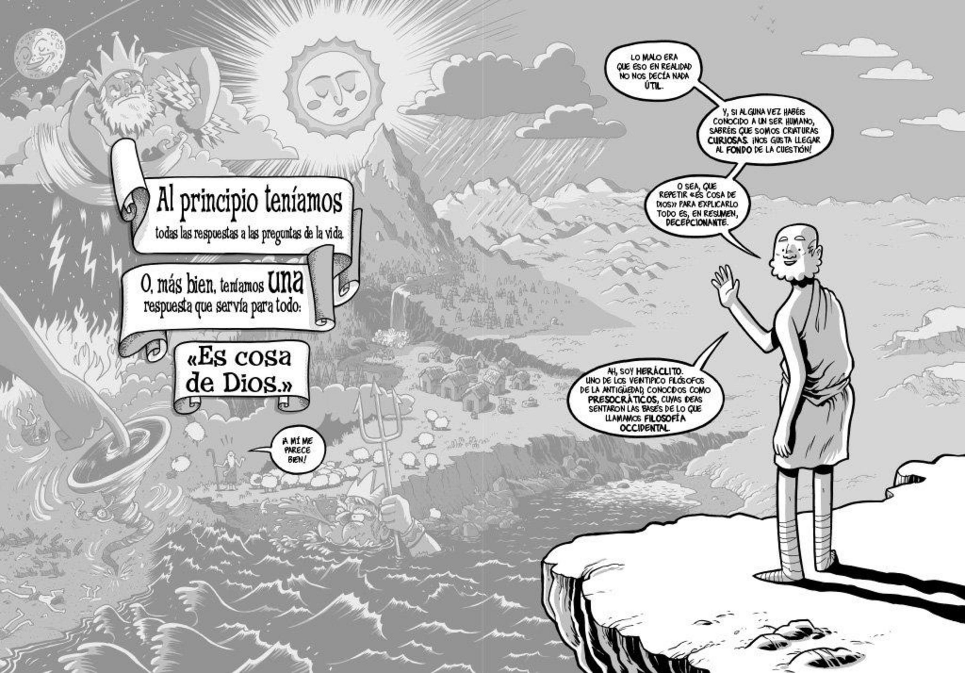 Cómic en blanco y negro sobre filosofía con dioses antiguos y un paisaje.