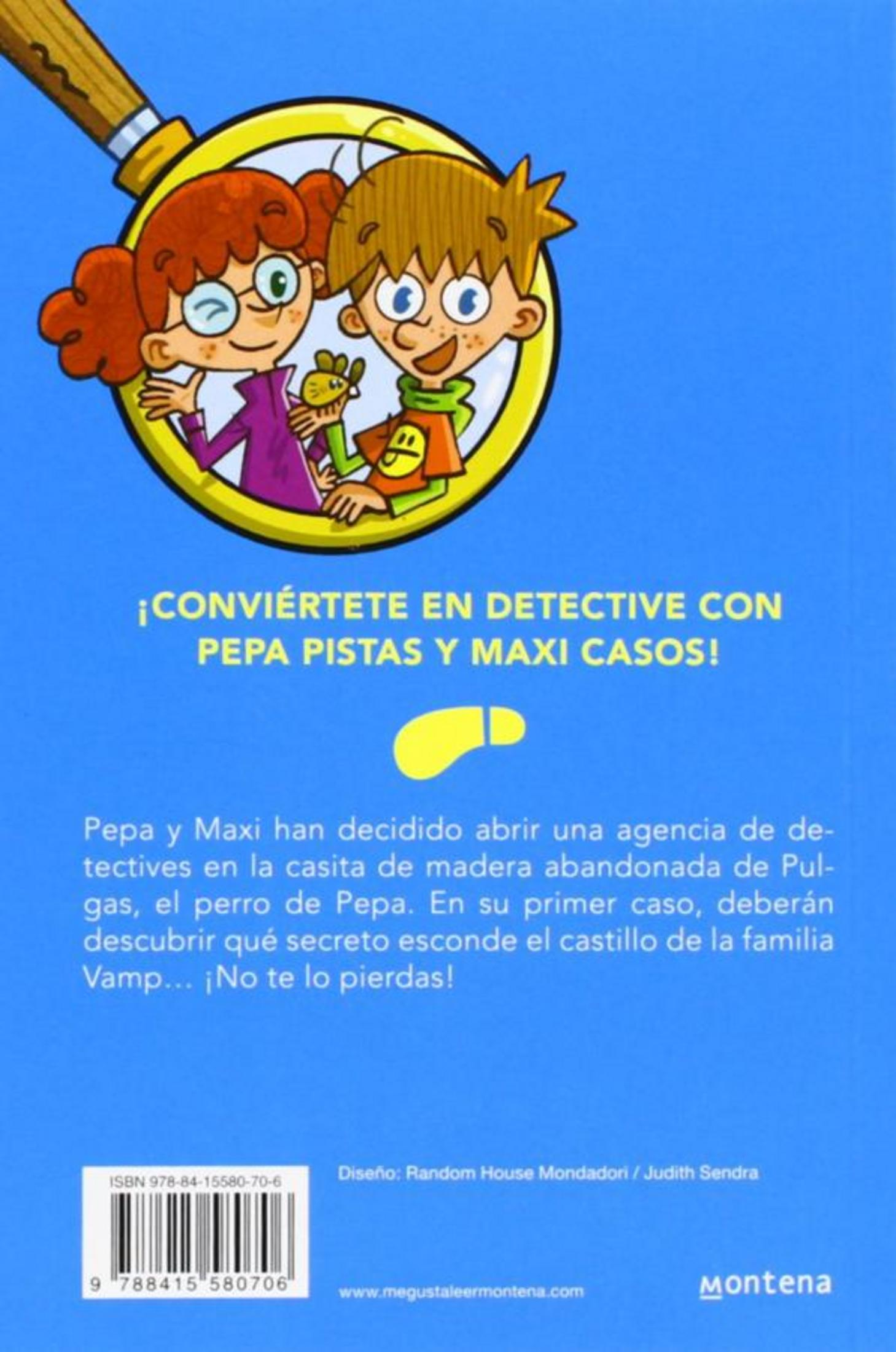 Contraportada azul con dos detectives de dibujos animados en una lupa, huella amarilla y texto blanco.