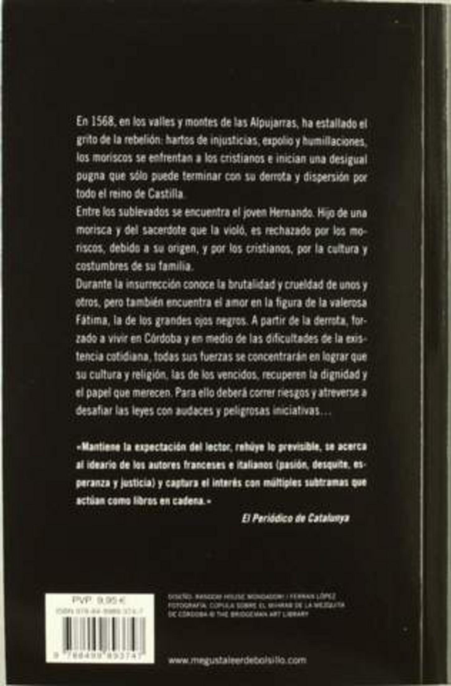 Contraportada de un libro con texto en español sobre fondo negro y un código de barras.