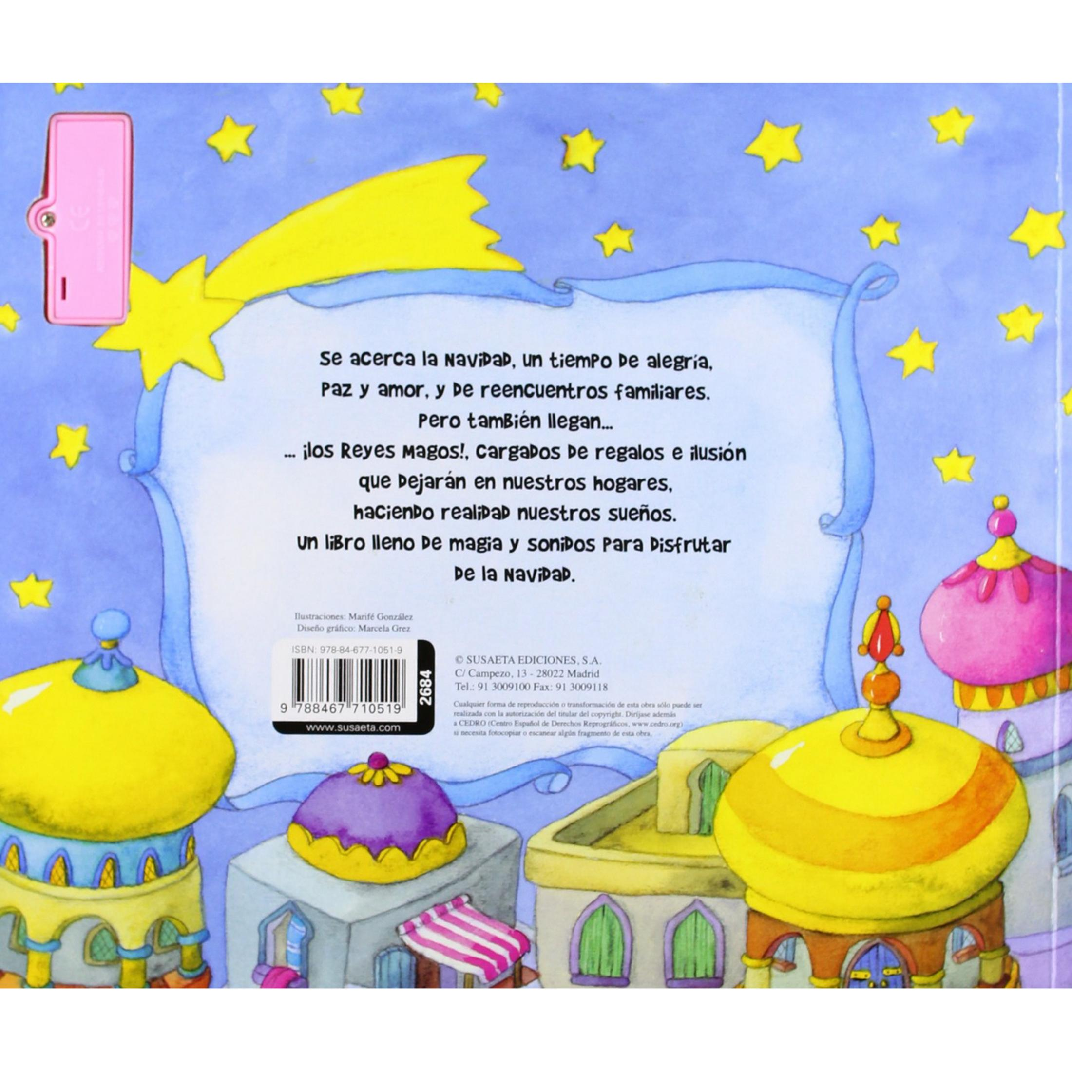 Colorida portada de libro con texto en español, estrella fugaz, palacios y estrellas amarillas sobre fondo azul.