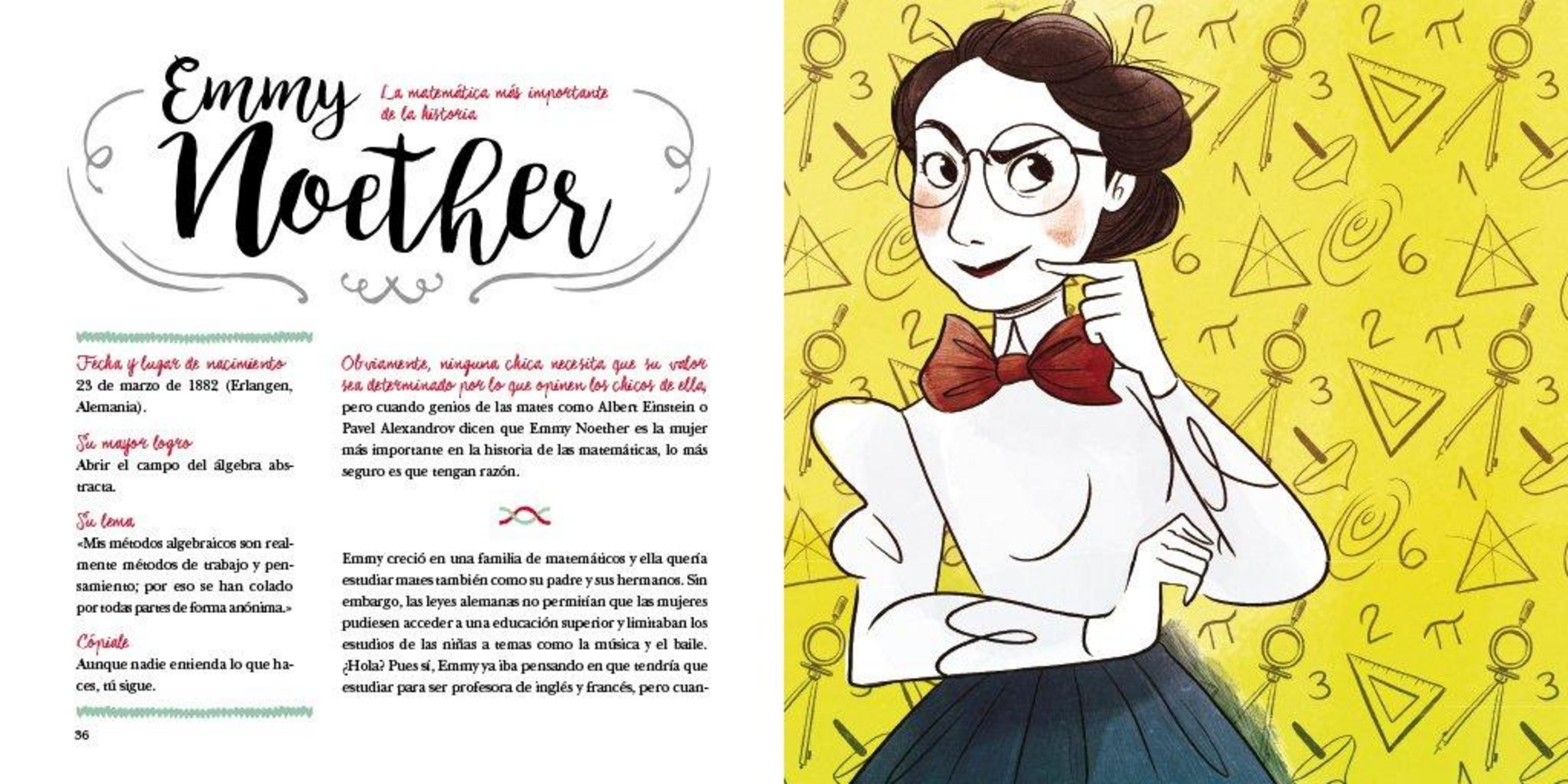 Una ilustración de Emmy Noether con gafas y pajarita roja sobre fondo amarillo con símbolos matemáticos.