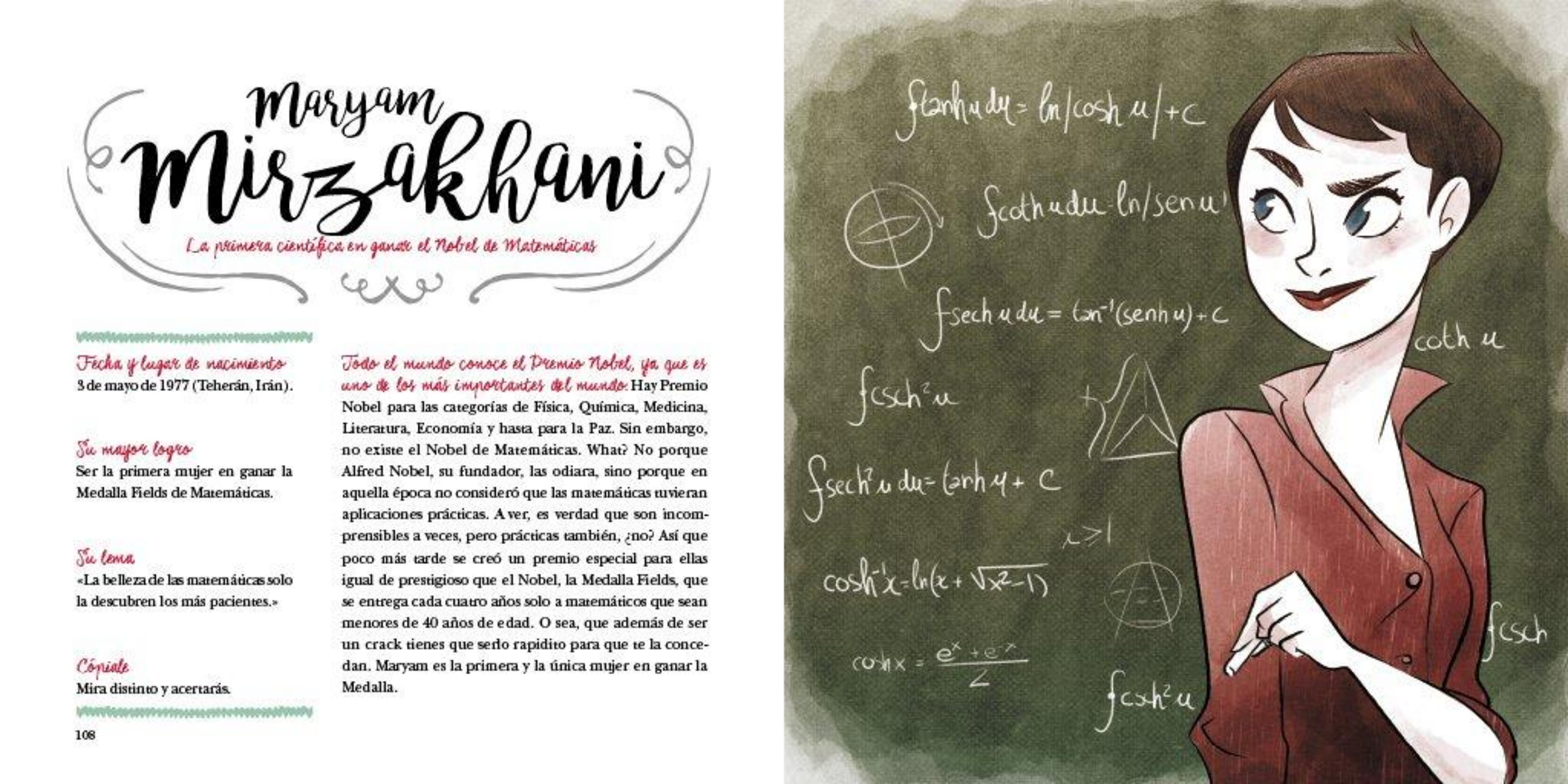 Ilustración de Maryam Mirzakhani frente a una pizarra con fórmulas matemáticas, junto con un texto biográfico.