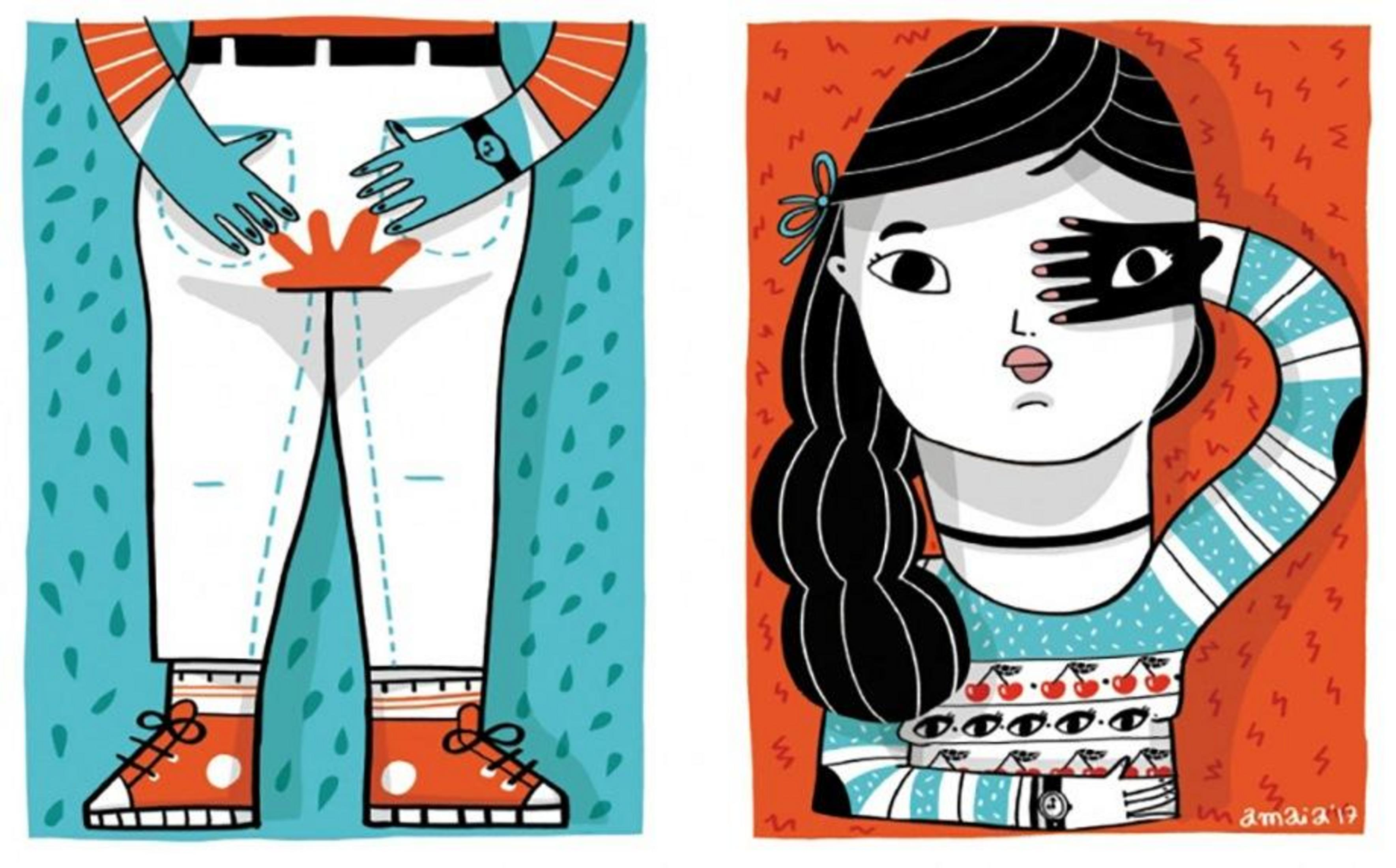 Dos ilustraciones: la izquierda muestra pantalones blancos con zapatos rojos y manos, la derecha muestra a una mujer con pelo negro y mano en la cara.
