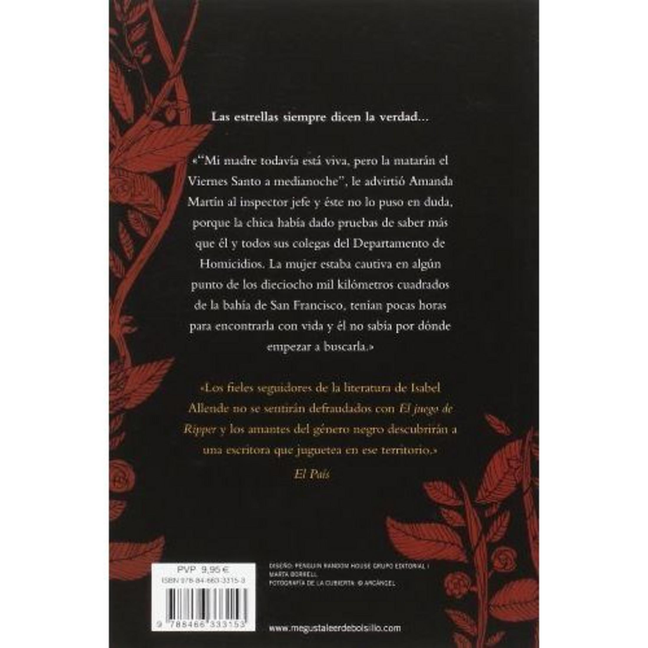 Contraportada de un libro con texto en español, motivos florales rojos sobre fondo negro y código de barras.