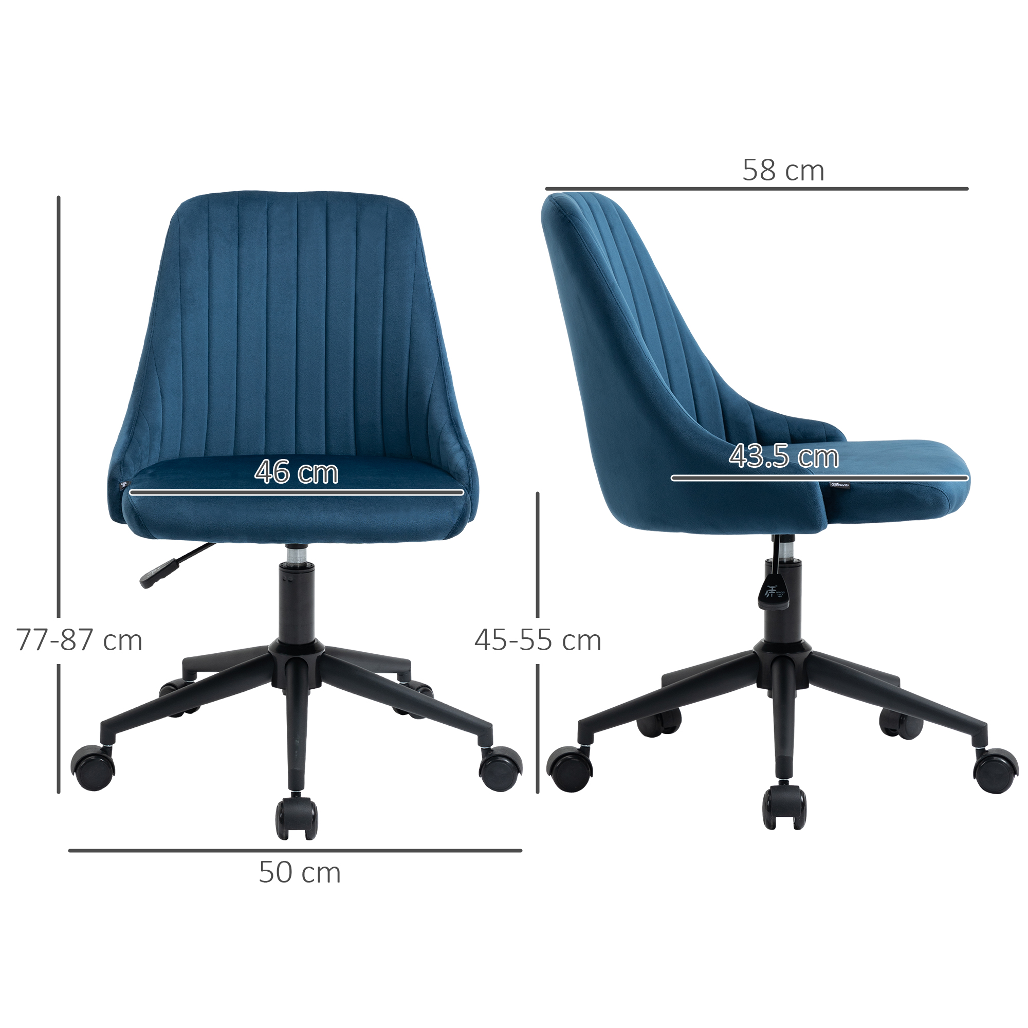 Sedia da ufficio in velluto blu vista frontale e laterale con quote su sfondo bianco.