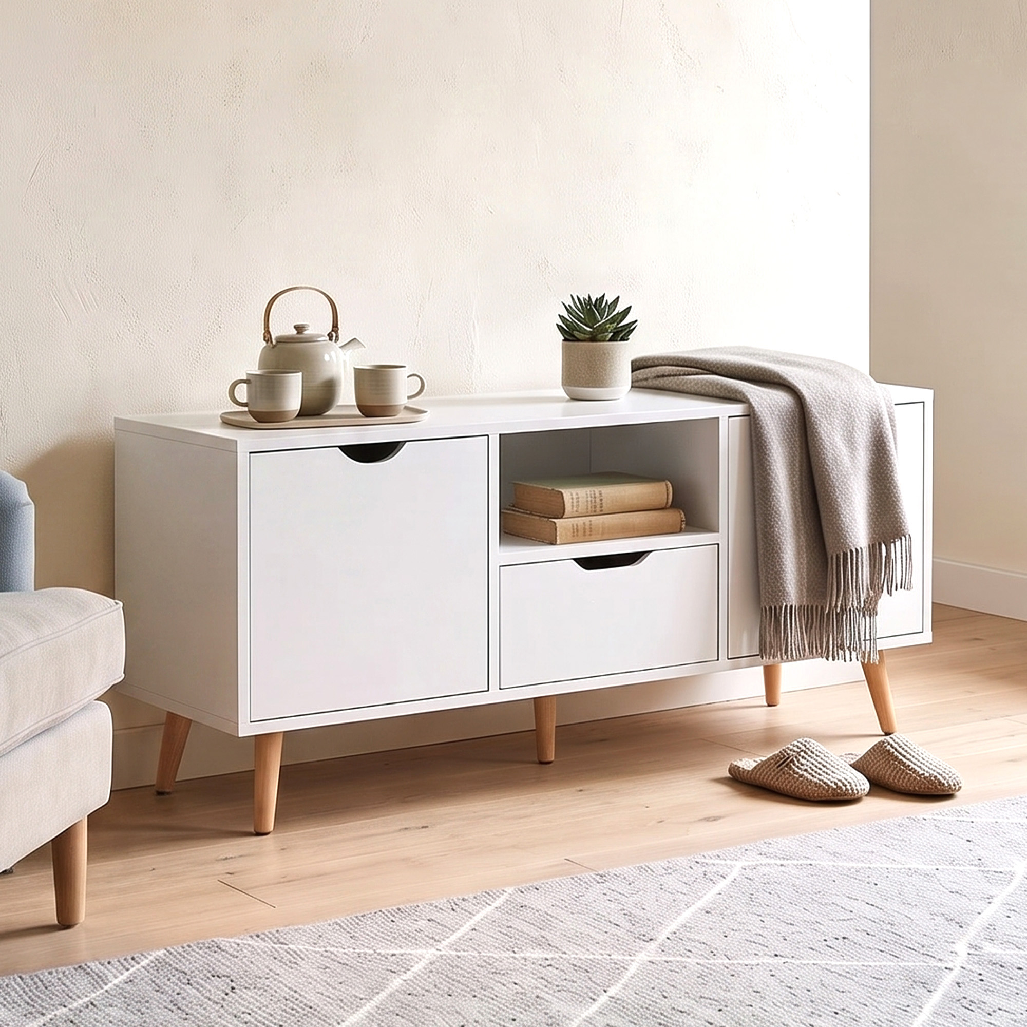 Un mobile TV bianco con teiera, libri, coperta e pantofole su pavimento in legno.