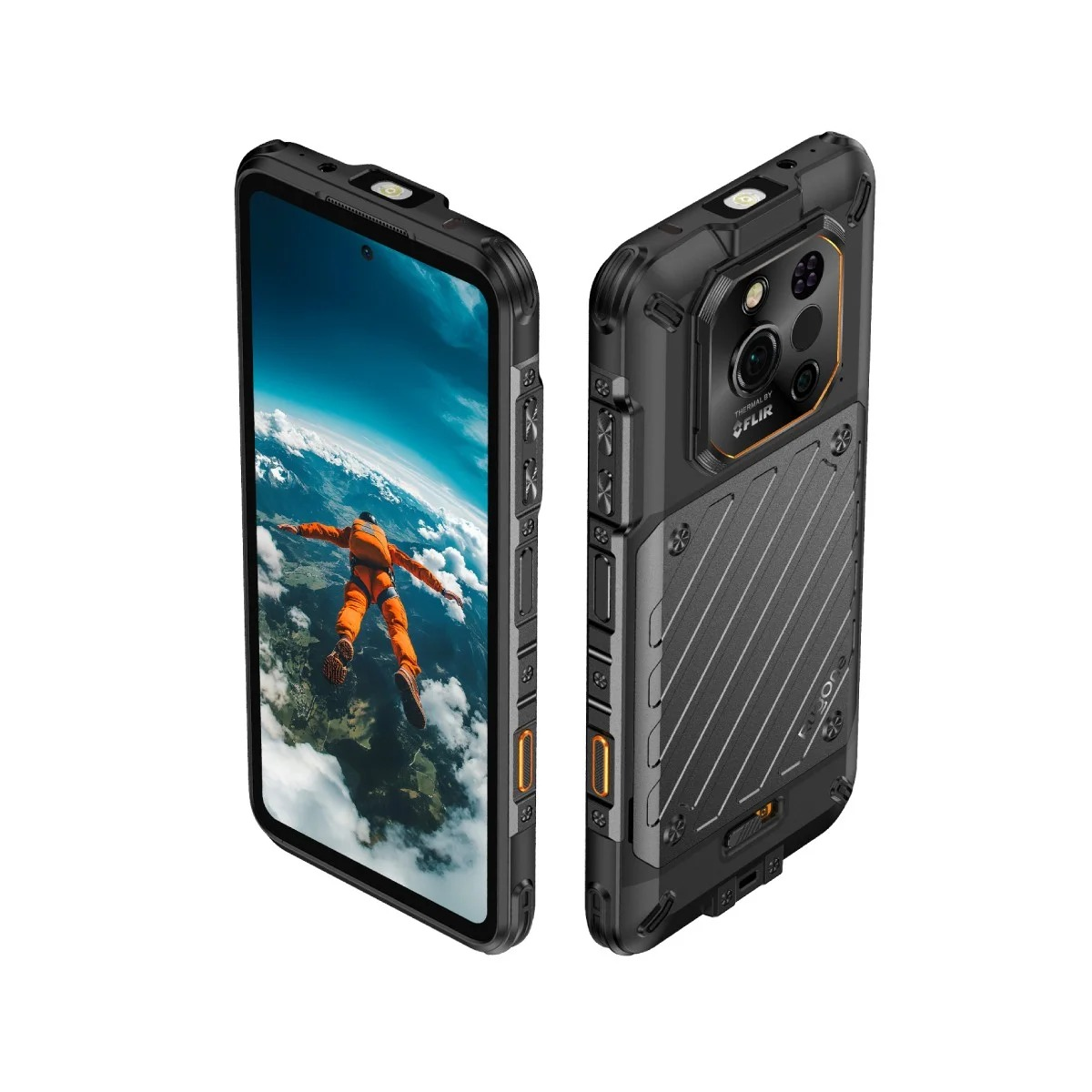 Vista frontal y trasera de un teléfono inteligente negro resistente con cámara térmica integrada y carcasa protectora.