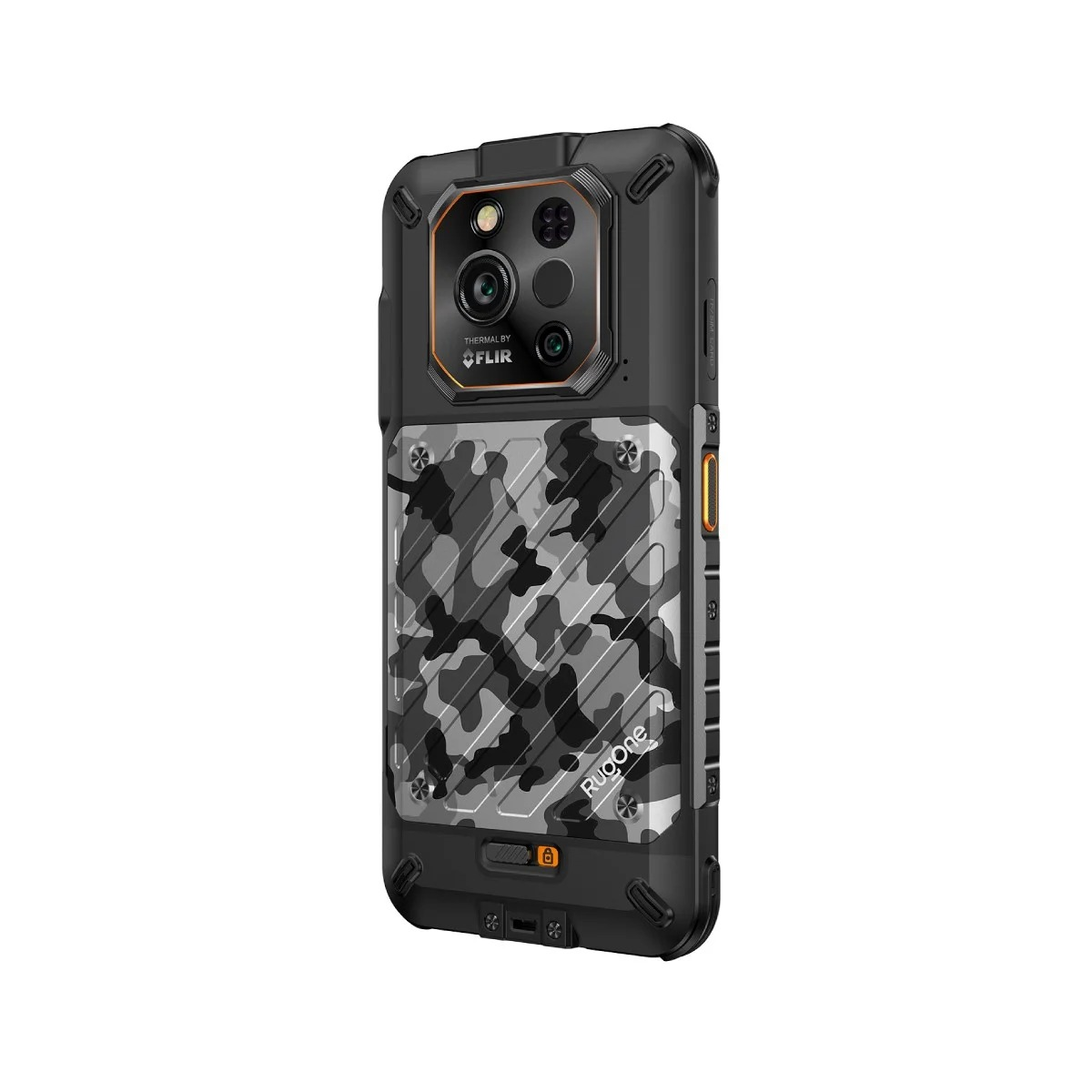 Un smartphone negro resistente con panel trasero de camuflaje gris, múltiples cámaras y sensor térmico FLIR.