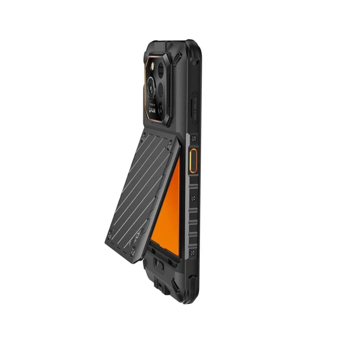 Un teléfono inteligente negro resistente con una cubierta trasera plegable y detalles en naranja.