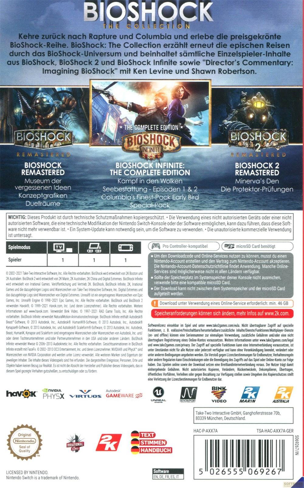 Spielverpackung von BioShock The Collection für Nintendo Switch mit Texten und Logos auf Deutsch.