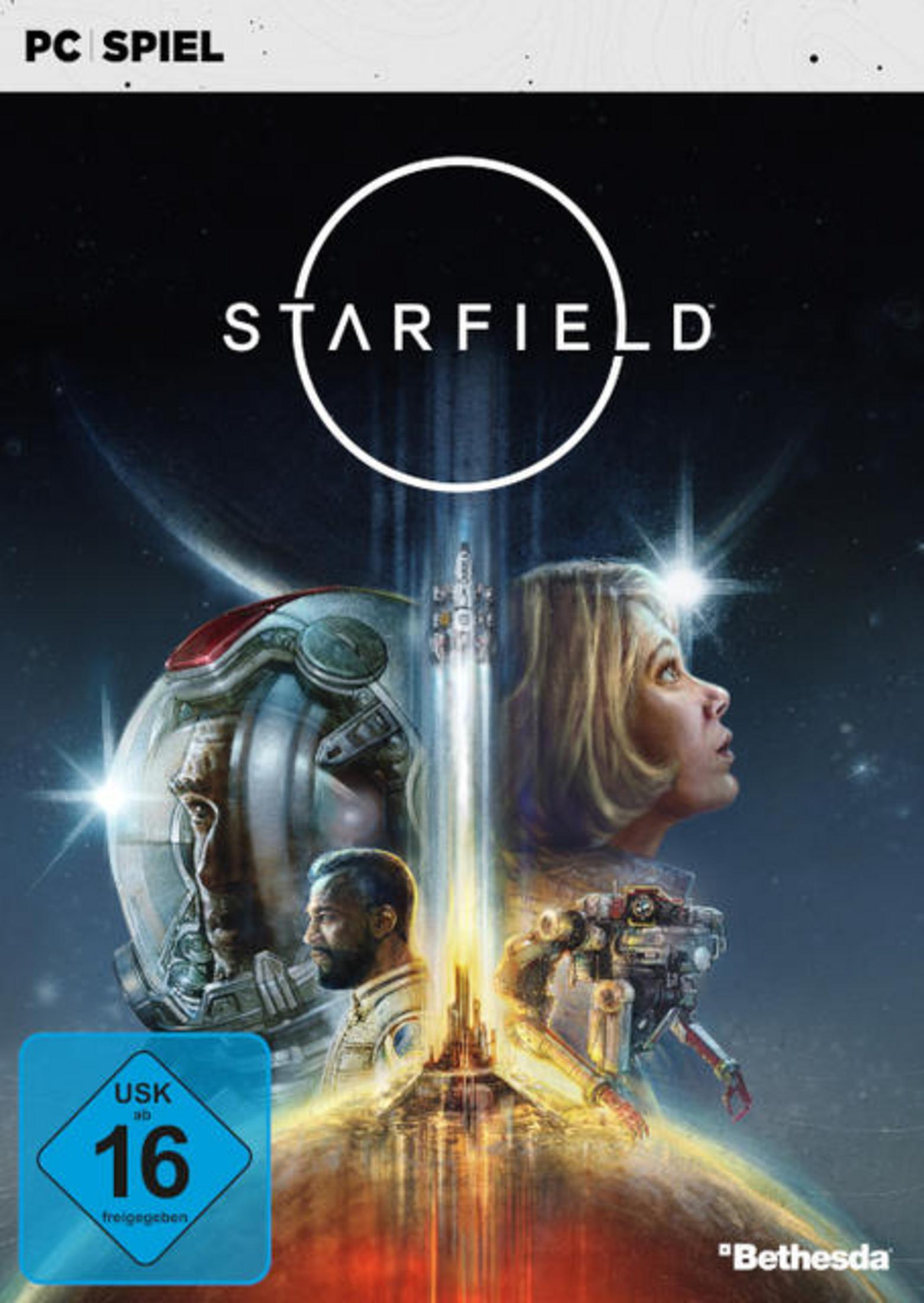 Starfield PC-Spielcover mit Astronauten, einem Roboter und einer Rakete vor einem Planeten.