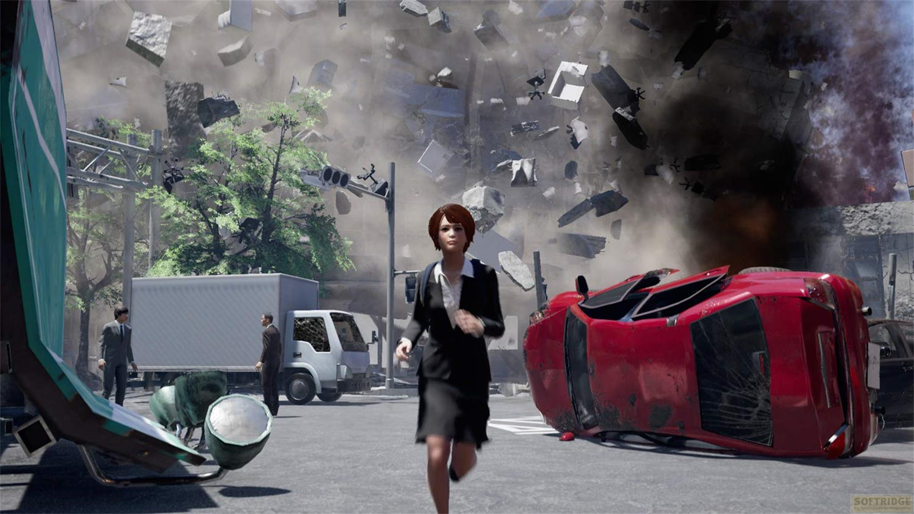 Une femme en costume fuit la destruction de la rue avec des débris flottants et une voiture renversée.