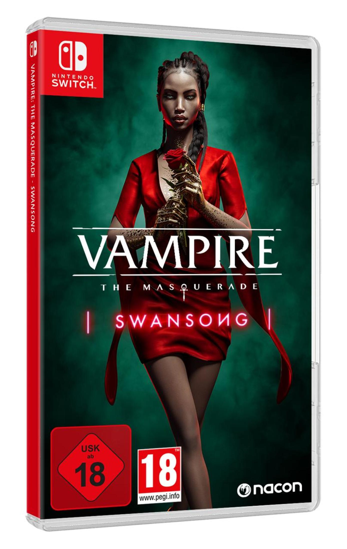 Boîtier de jeu Nintendo Switch pour Vampire: The Masquerade - Swansong montrant une femme en robe rouge avec une rose.