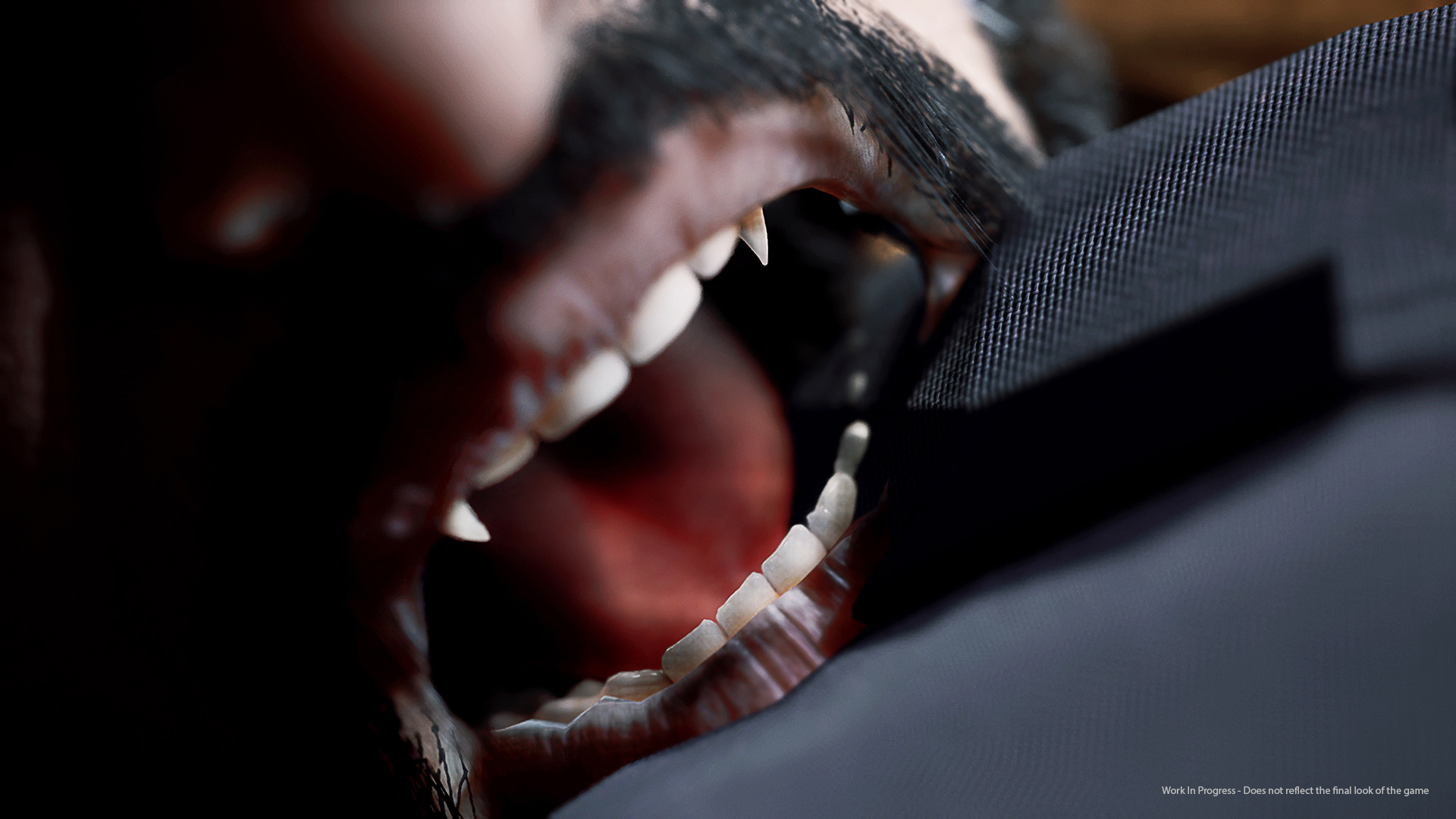Gros plan d'un visage avec une bouche ouverte montrant des dents et une barbe.
