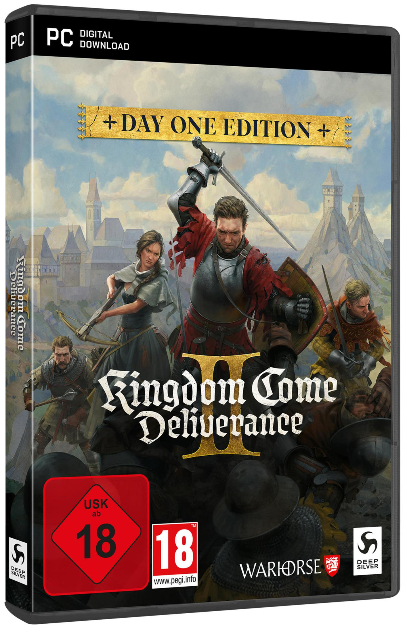 Boîte de jeu PC Kingdom Come Deliverance II Day One Edition avec des chevaliers devant un ch âteau.