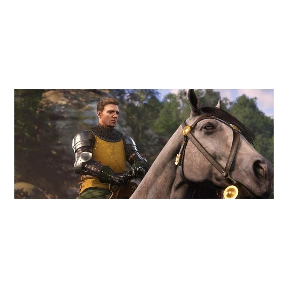 Un homme vêtu d'une tunique jaune et d'une armure monte un cheval gris devant un fond boisé.
