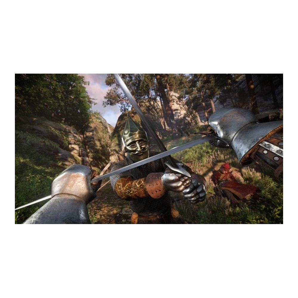 Perspective à la première personne d'un combat à l'épée dans une forêt avec un guerrier en armure.