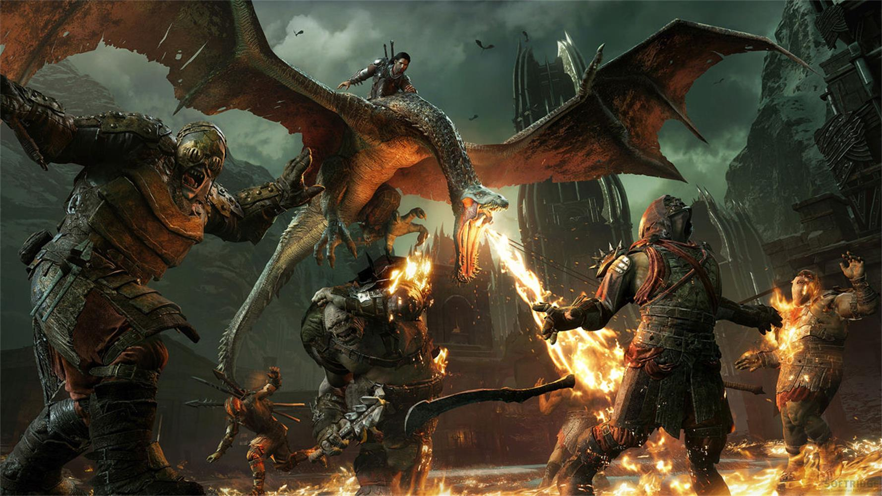 Ein Krieger reitet auf einem Drachen, der Feuer spuckt, während orkähnliche Kreaturen kämpfen.