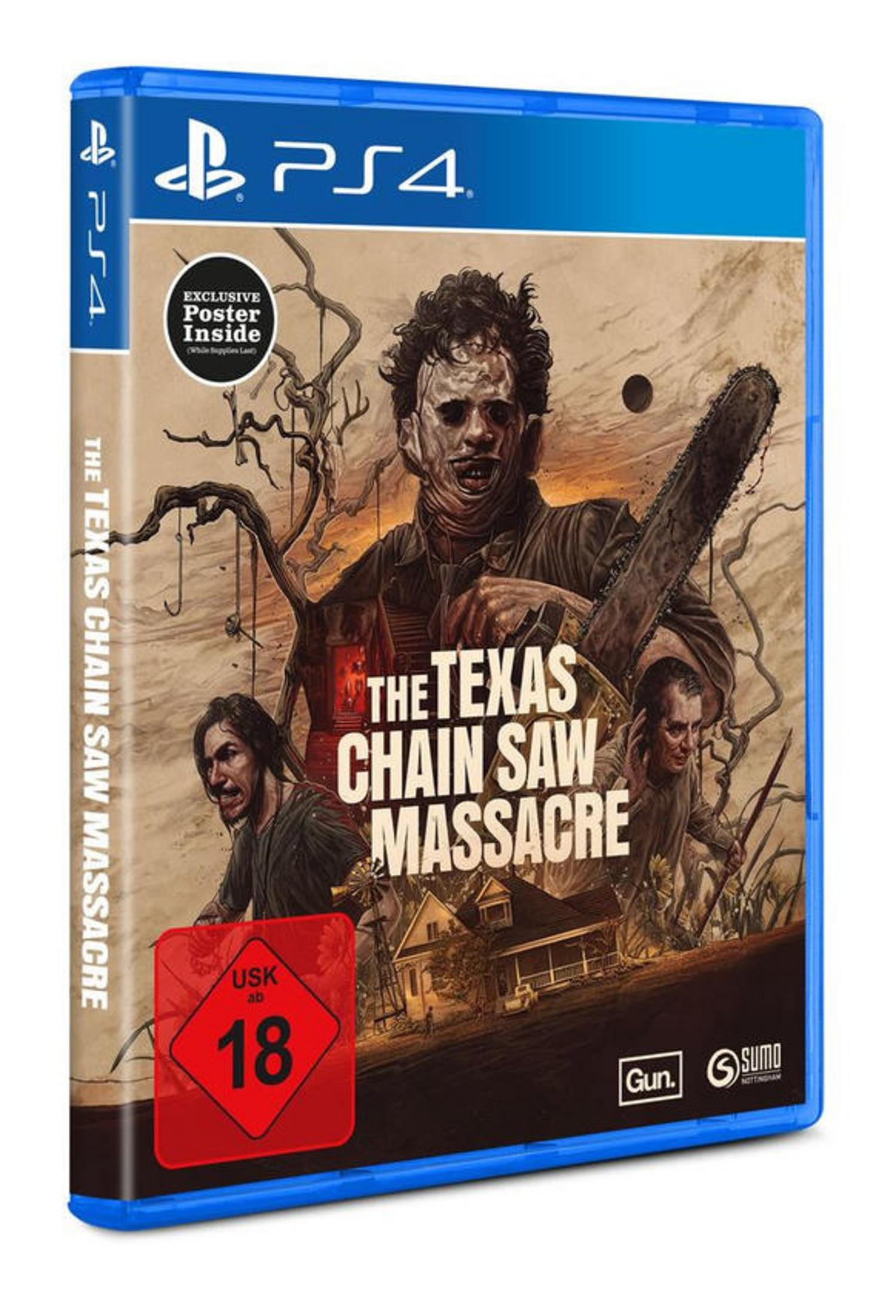 PS4-Spielcover von The Texas Chain Saw Massacre mit Charakteren und Kettensäge.