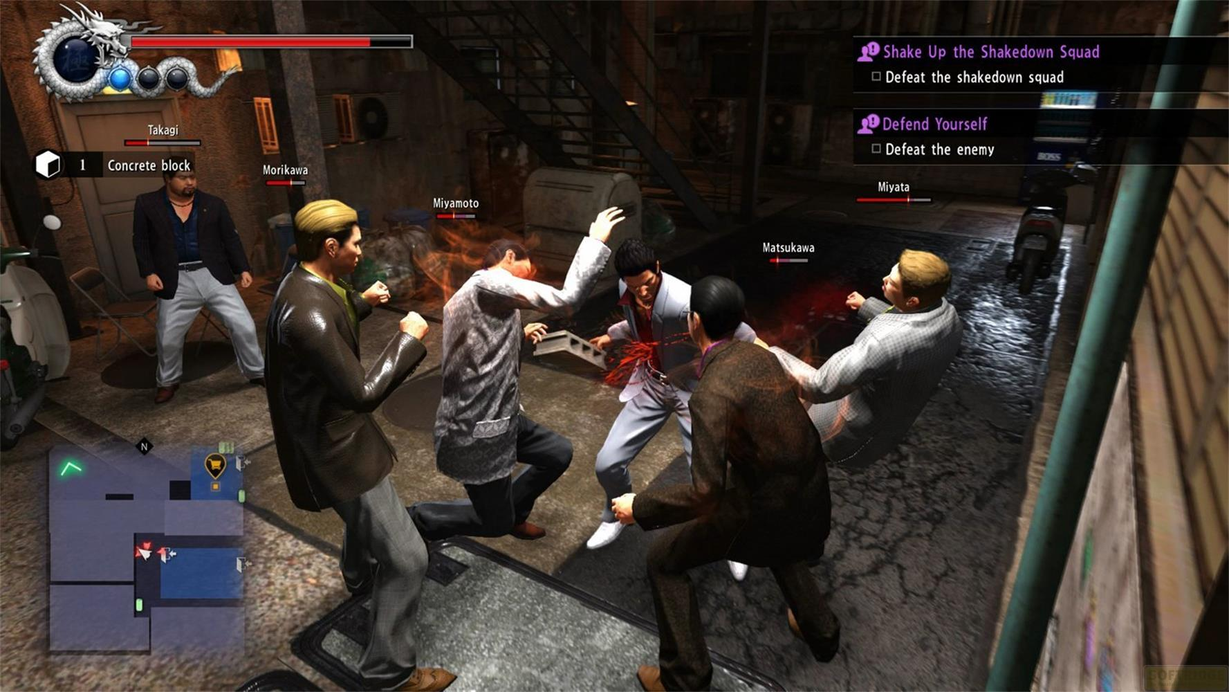 Une bagarre de rue dans un jeu vidéo avec des personnages.