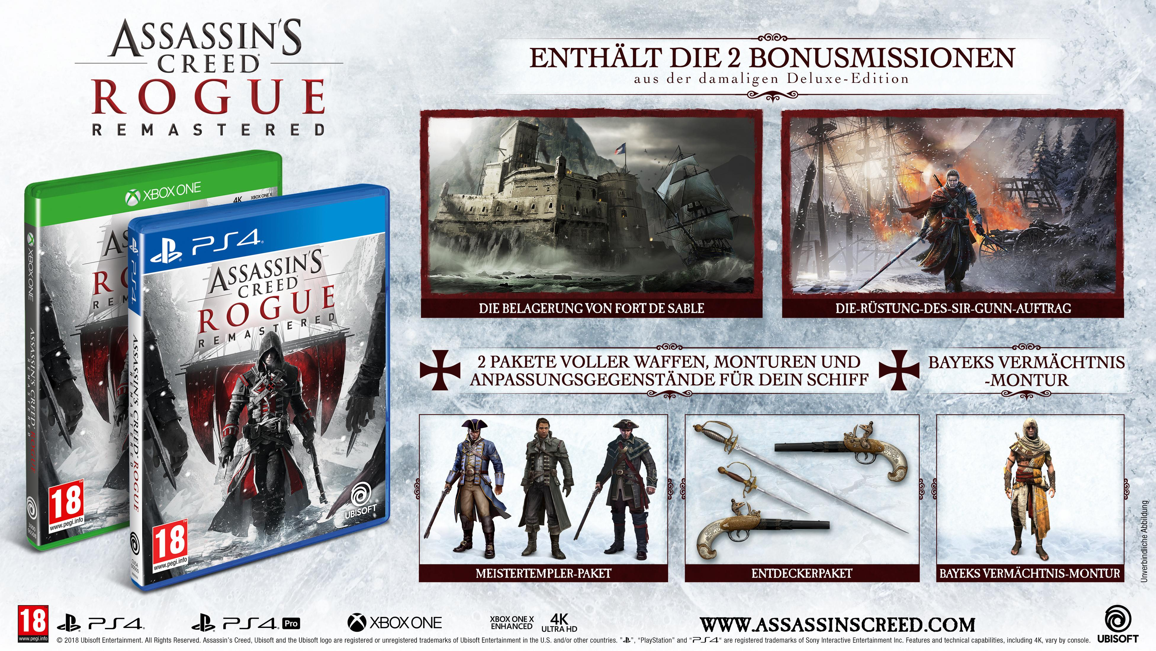 Promo-Bild für Assassin's Creed Rogue Remastered zeigt Spielhüllen und Bonusinhalte wie Missionen und Ausrüstung.
